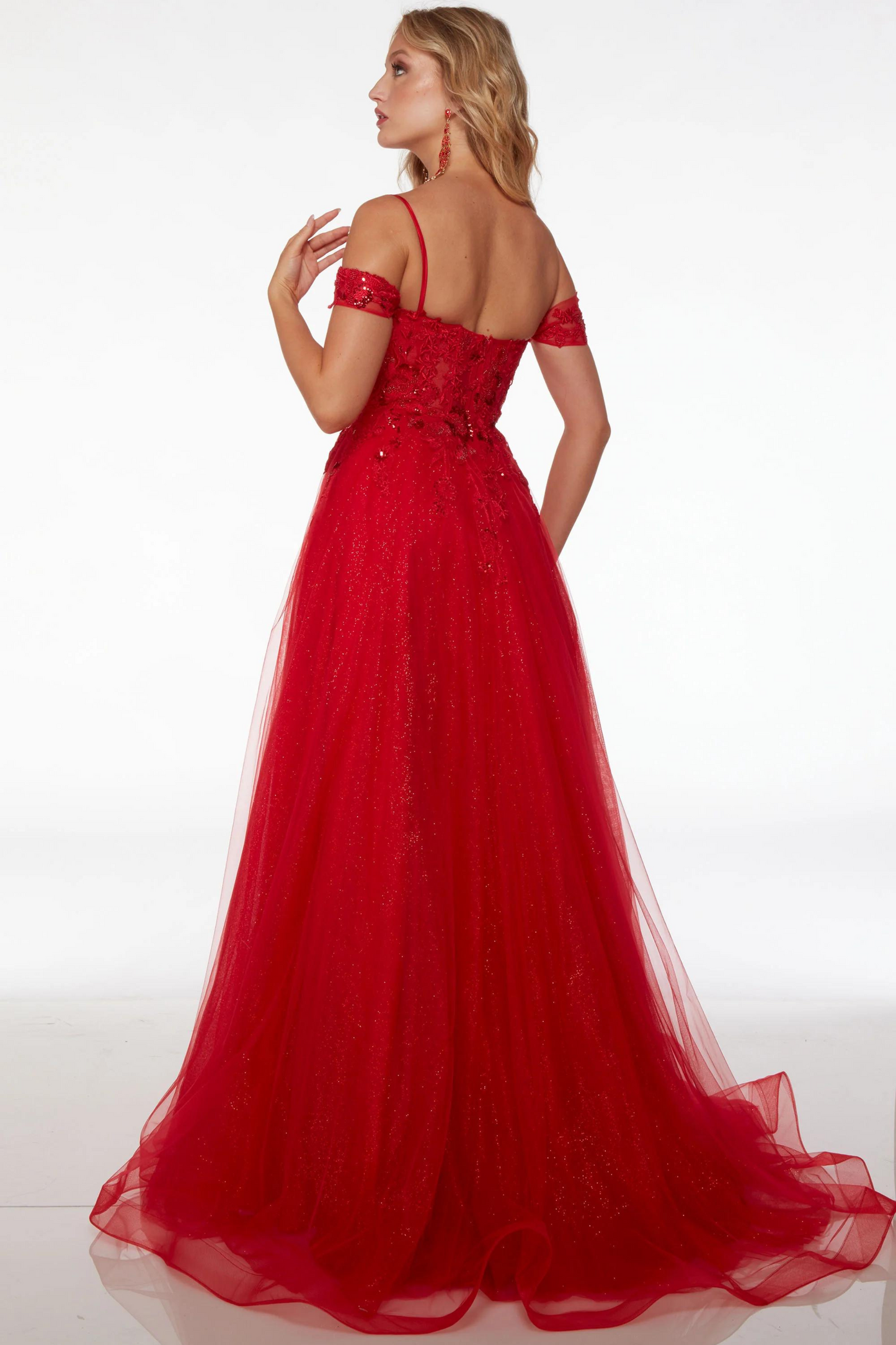 Red a-line glitter tulle formal dress by Alyce Paris with detachable off shoulder straps and light train