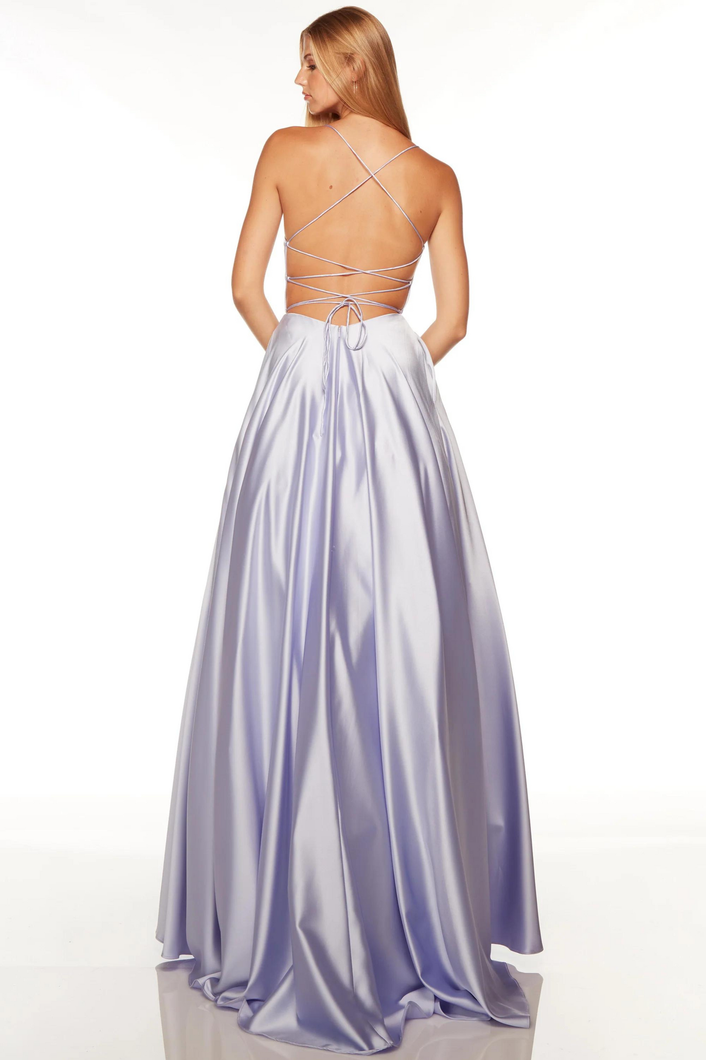 Ice Lilac satin a-line formal dress with lace up back and pockets