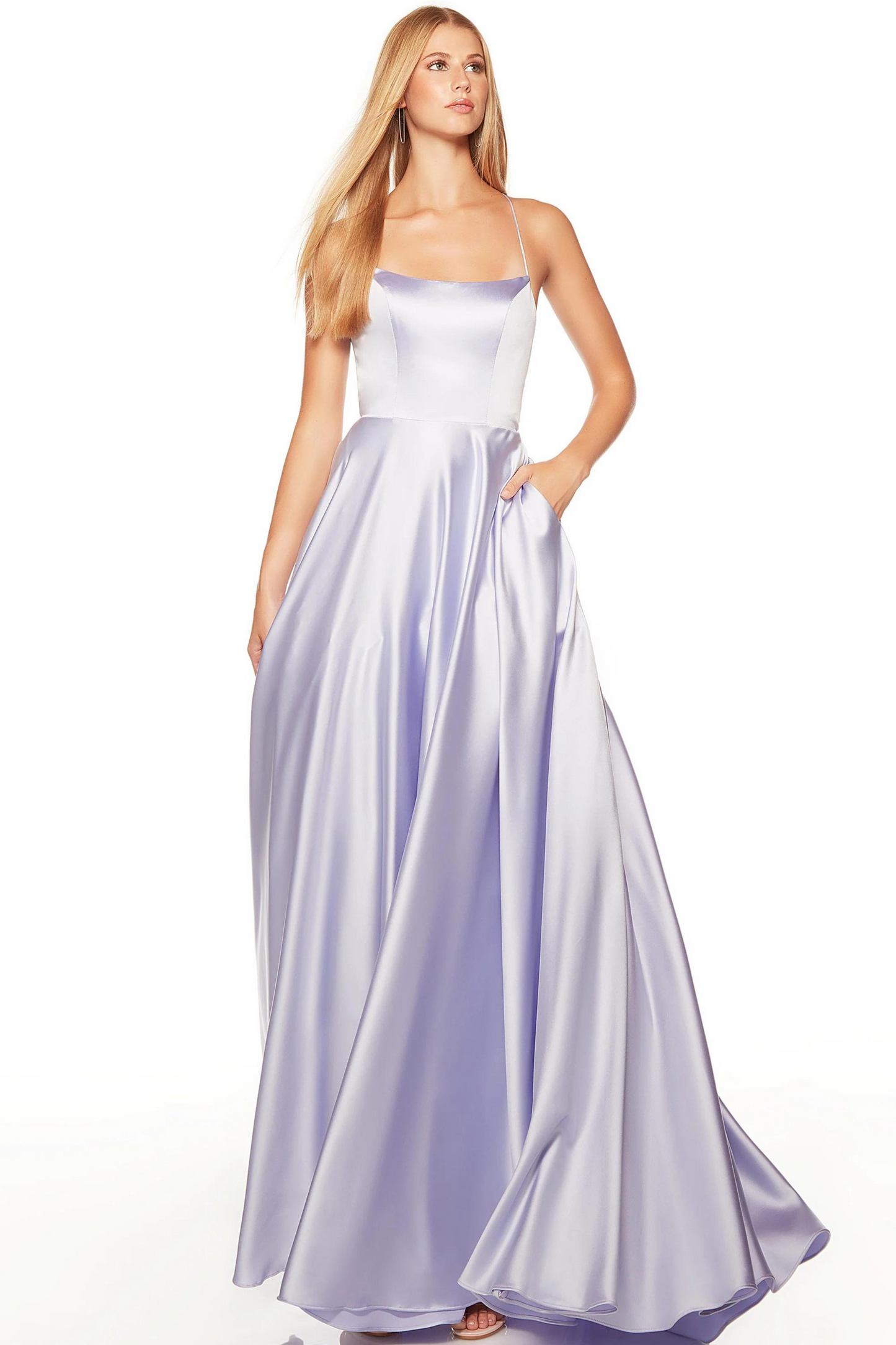 Ice Lilac satin a-line formal dress with lace up back and pockets