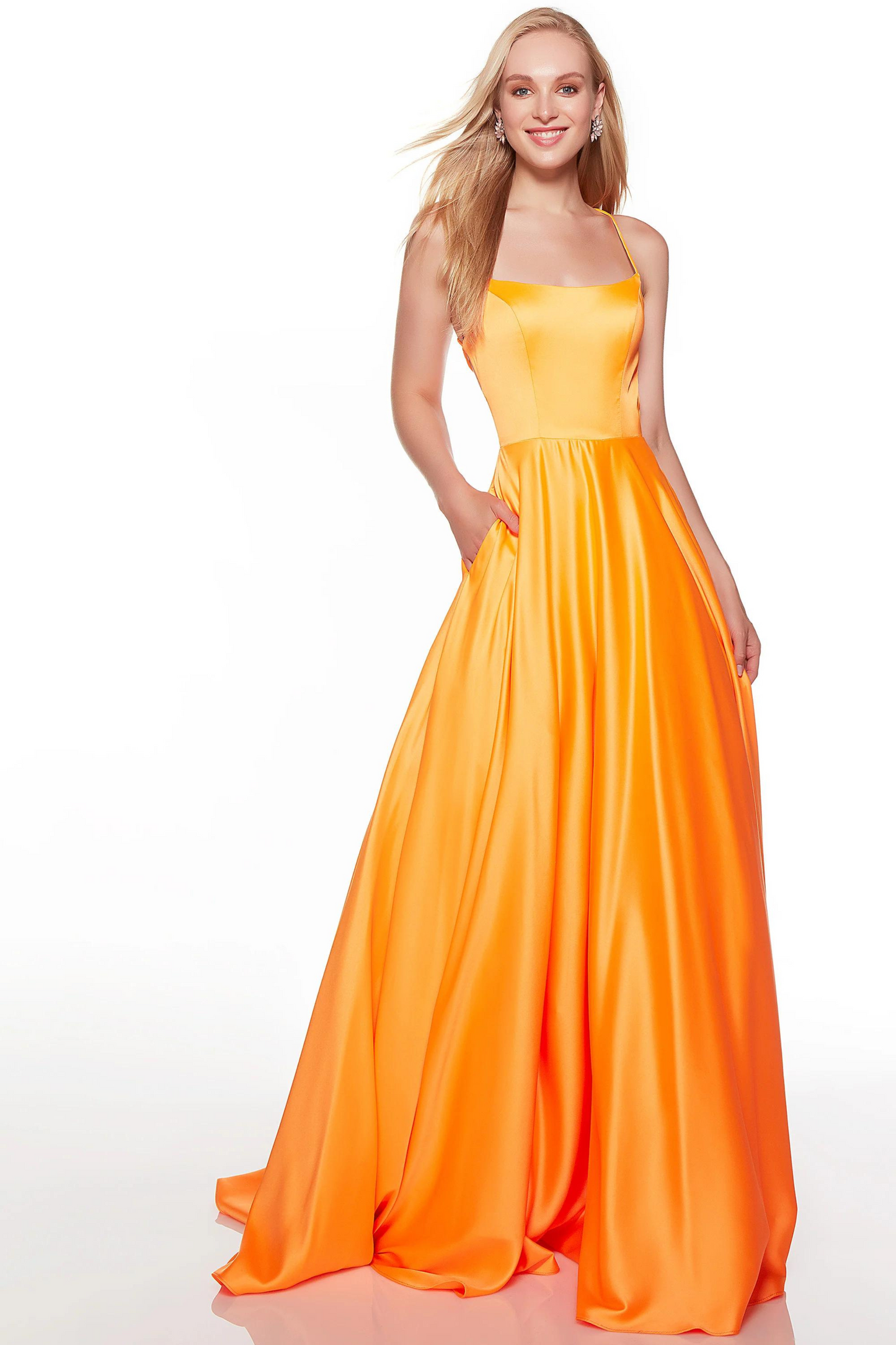 Neon orange satin a-line formal dress with lace up back and pockets