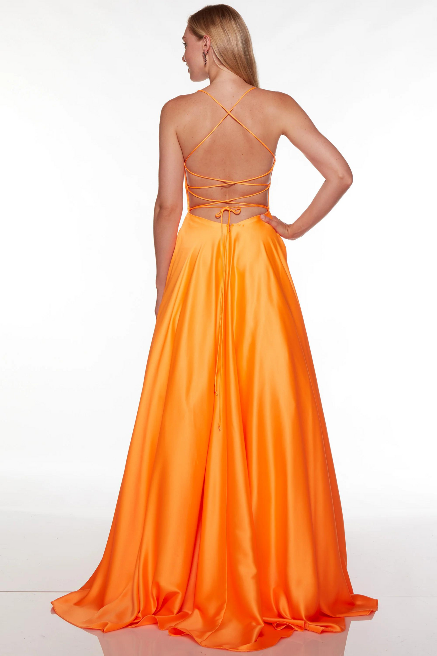 Neon orange satin a-line formal dress with lace up back and pockets
