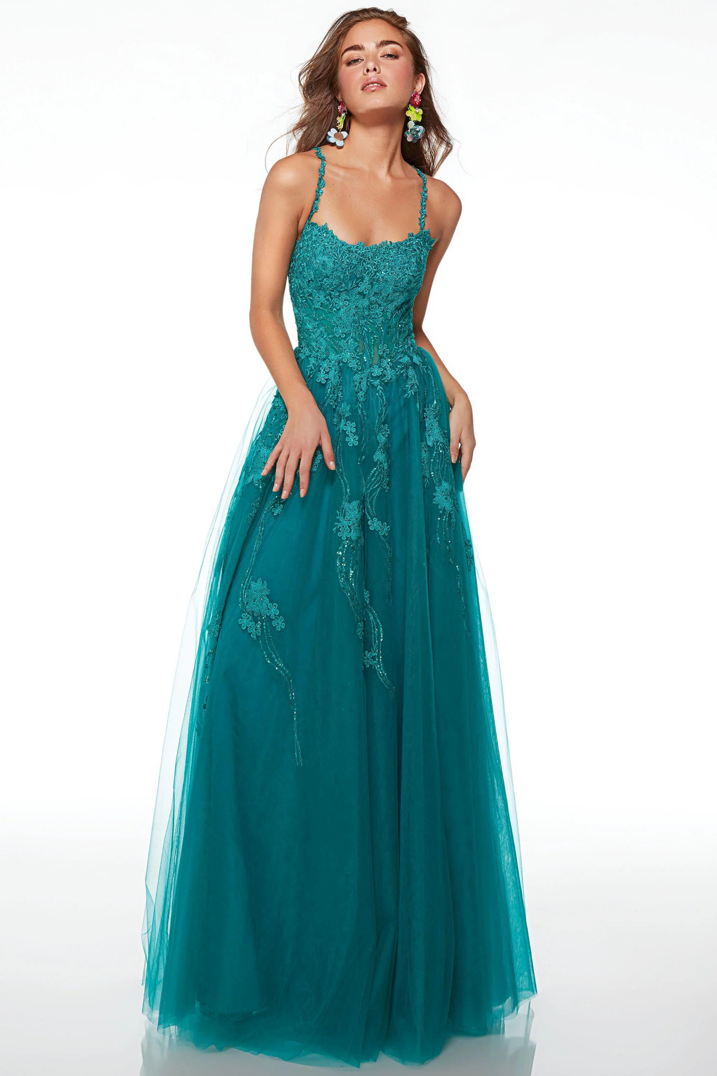 Lapis A-line formal dress with tulle lace, sequins and lace up back
