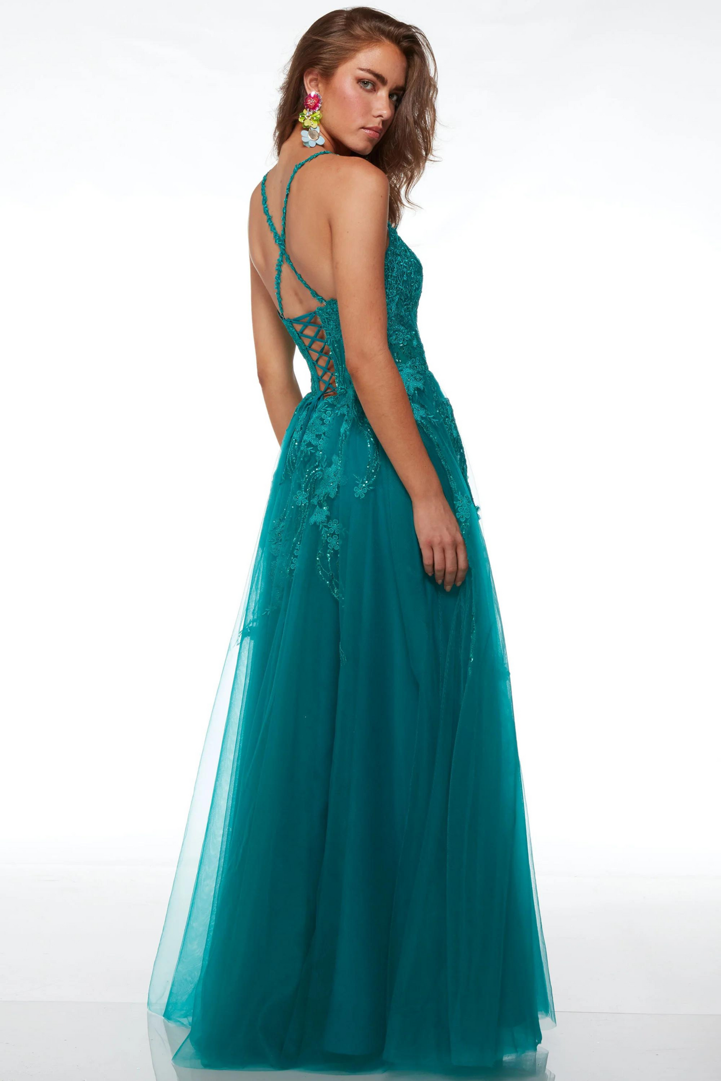 Lapis A-line formal dress with tulle lace, sequins and lace up back
