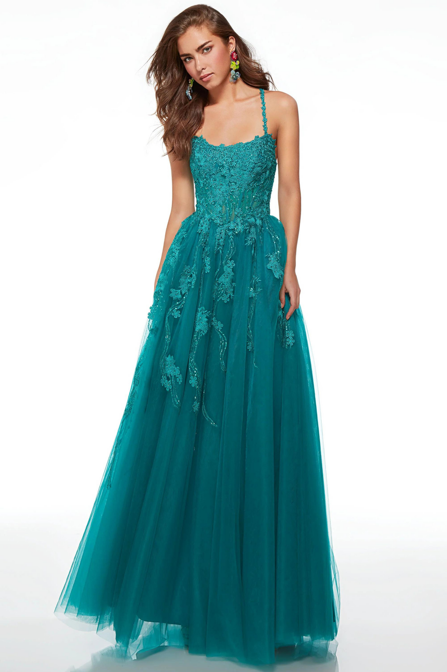 Lapis A-line formal dress with tulle lace, sequins and lace up back