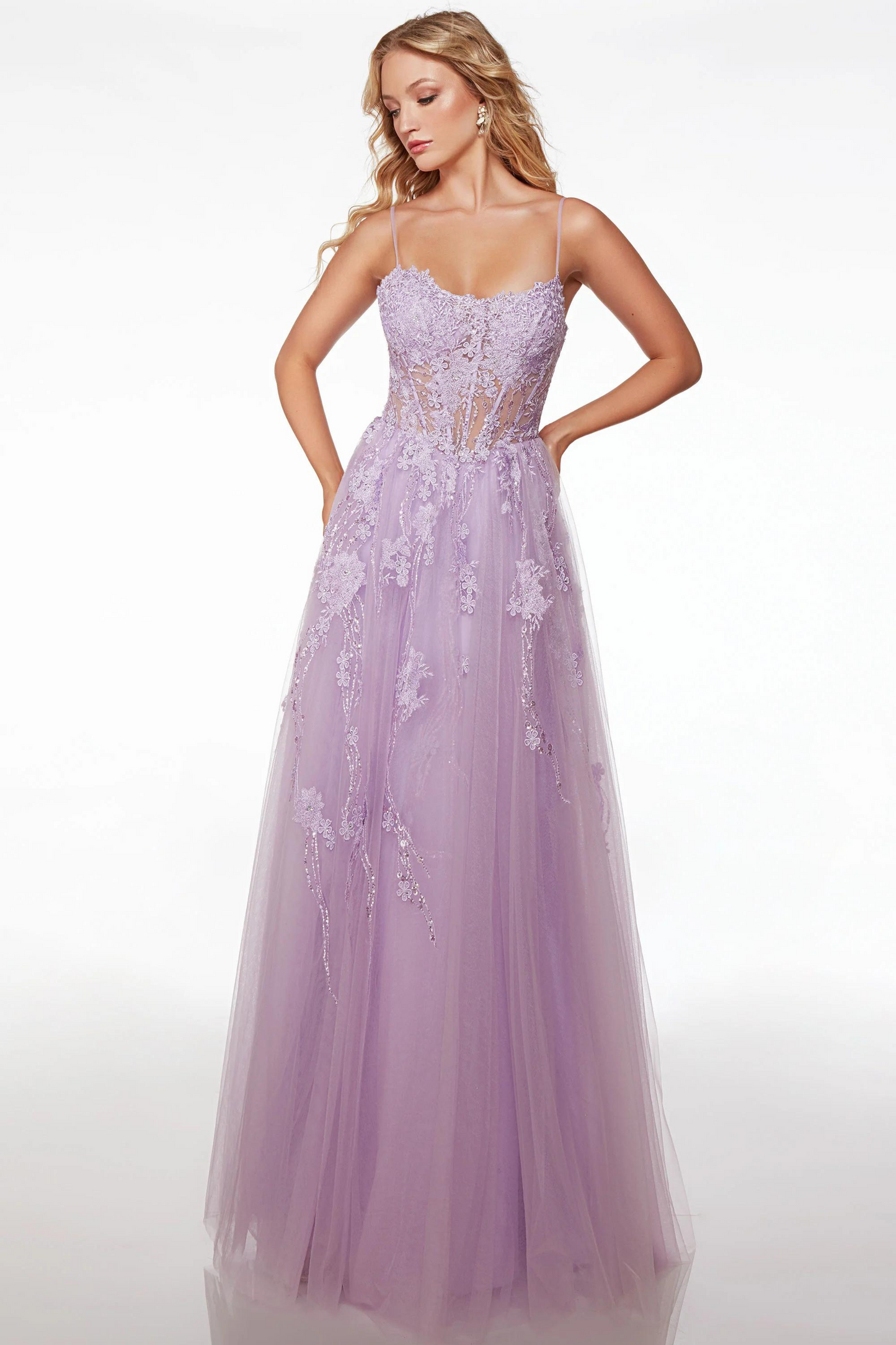 Light Orchid A-line formal dress with tulle lace, sequins and lace up back