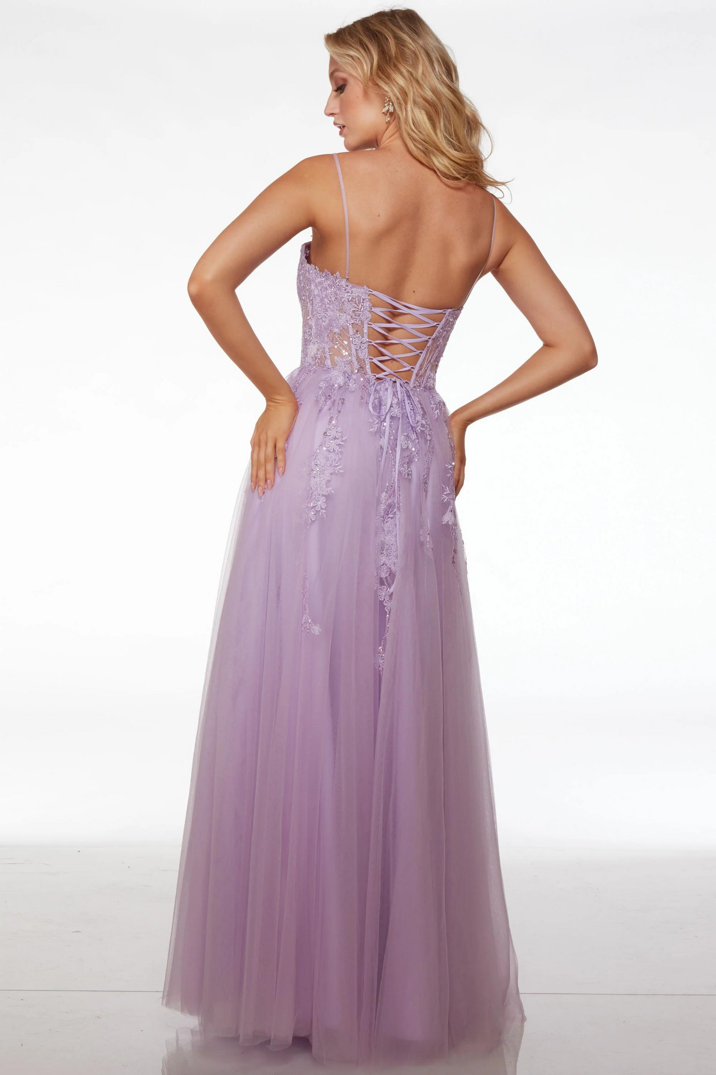 Light Orchid A-line formal dress with tulle lace, sequins and lace up back
