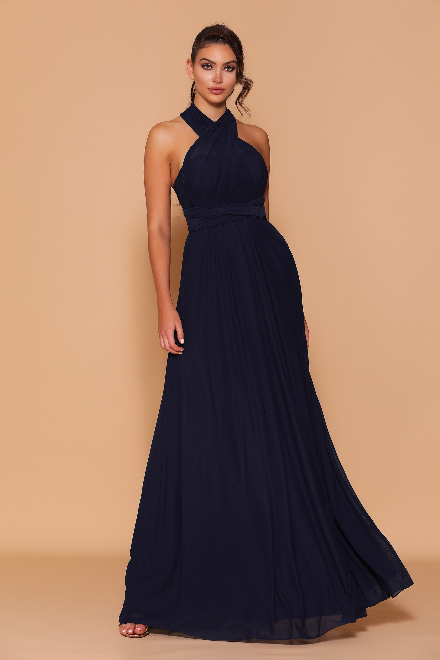 Nicoletta a-line multi way dress in navy lycra mesh