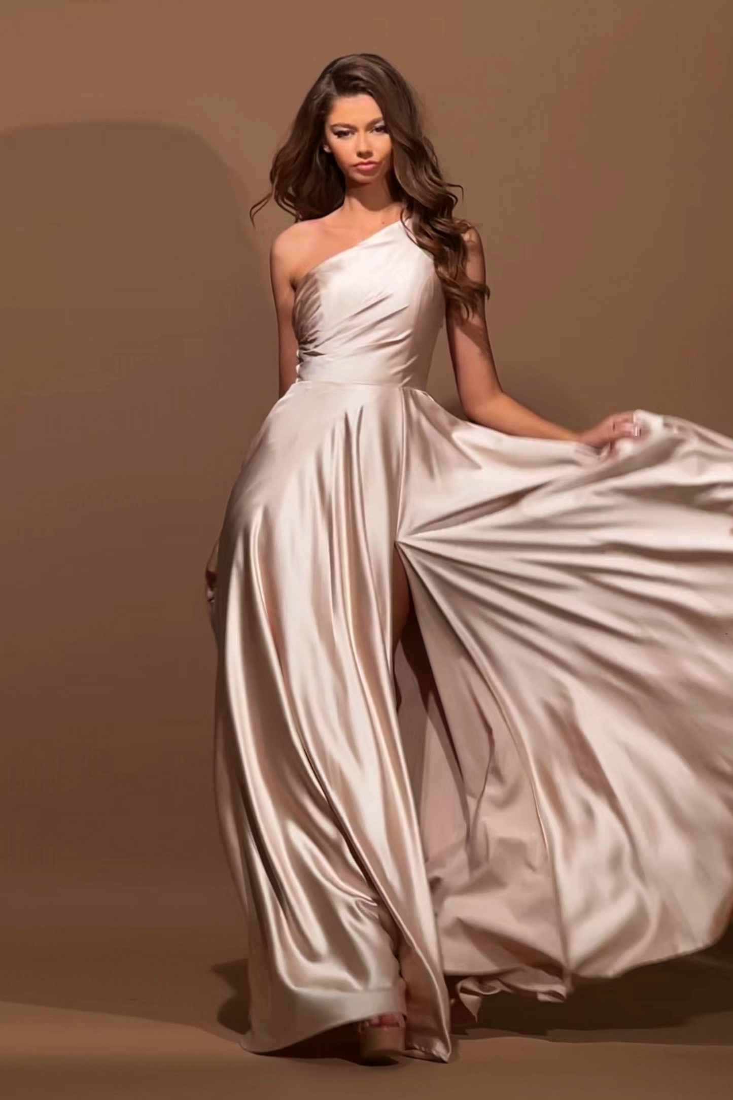 Nicoletta a-line one shoulder formal dress in cream satin