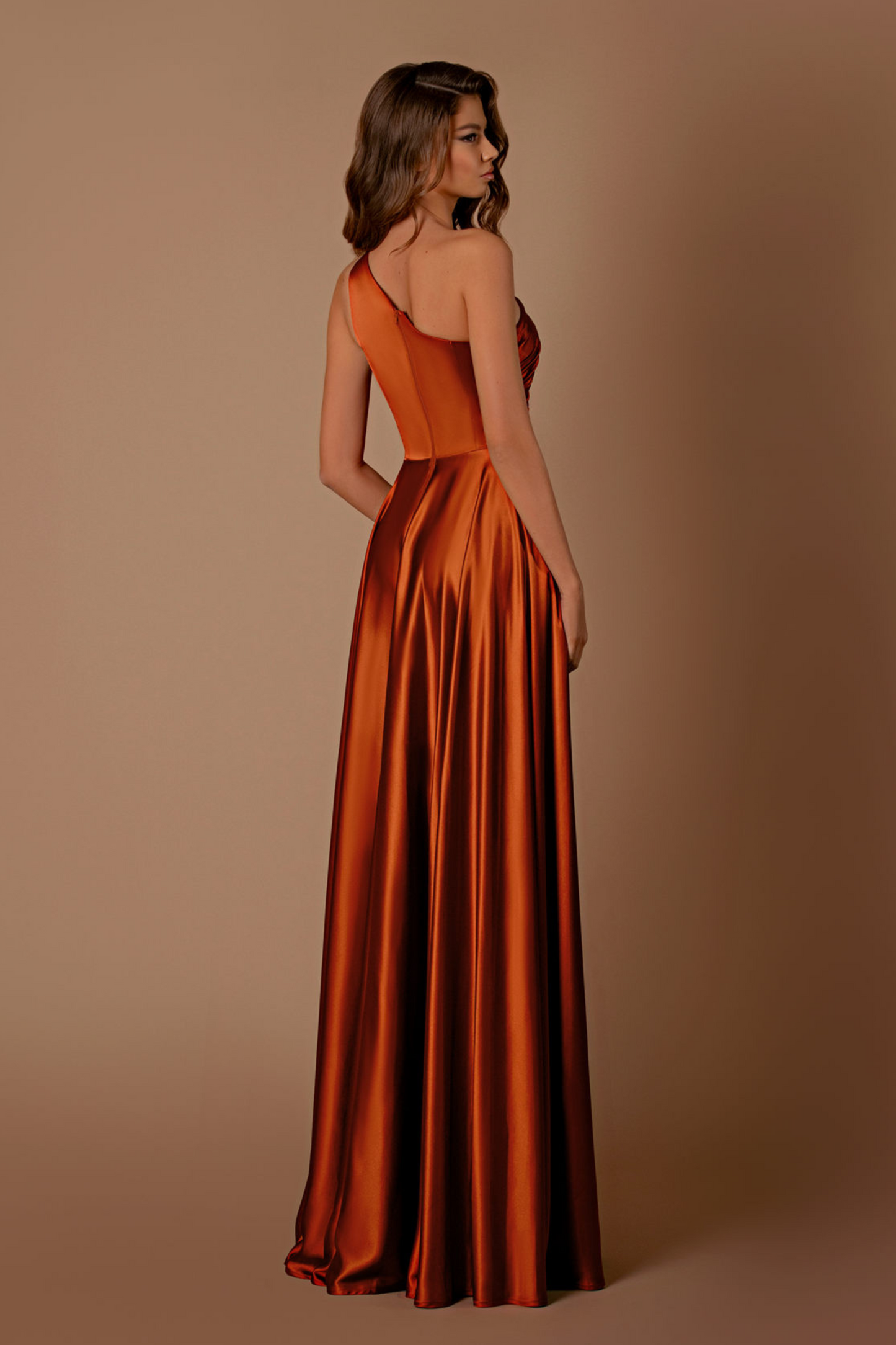 Nicoletta a-line one shoulder formal dress in rust satin