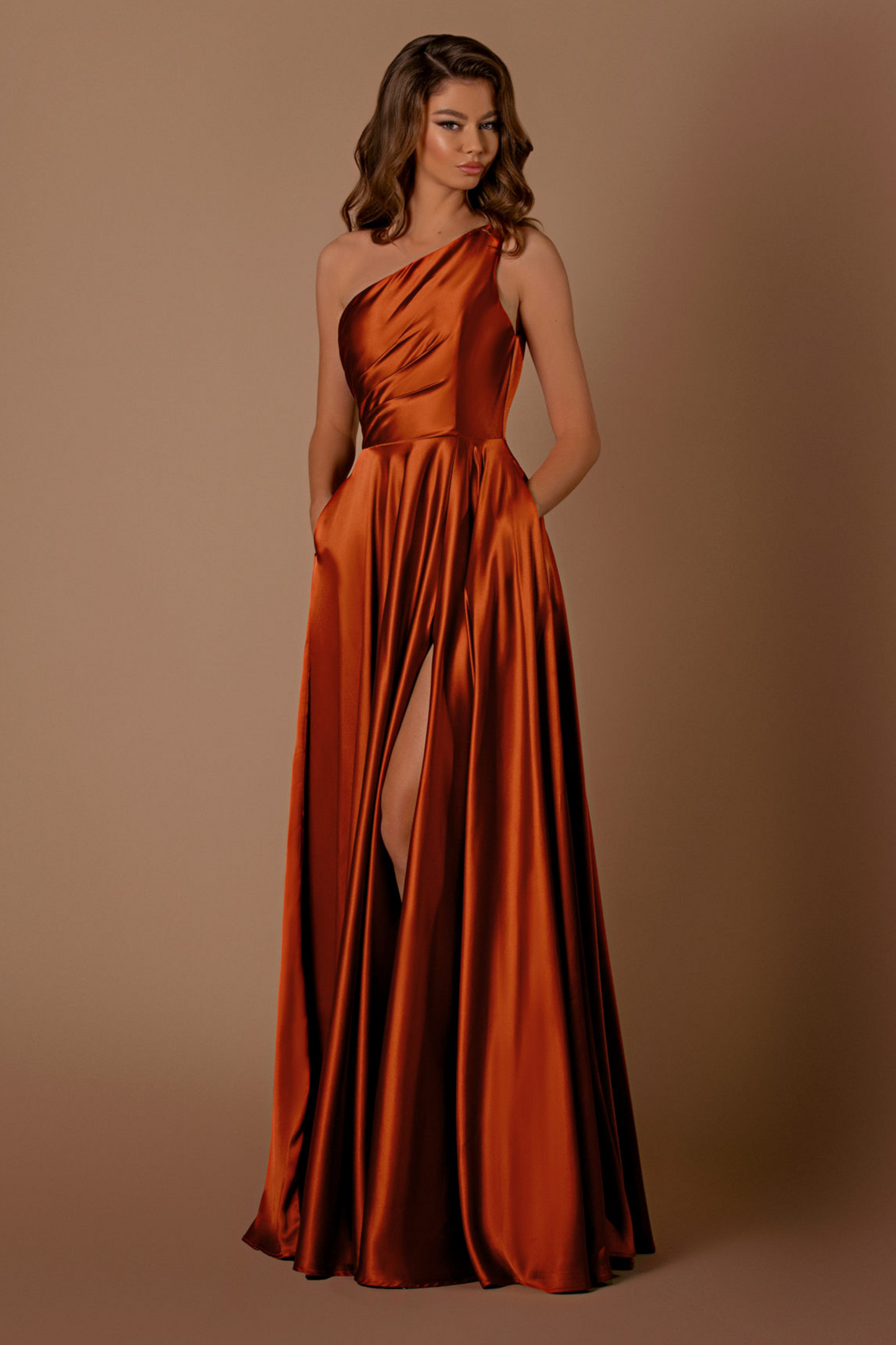 Nicoletta a-line one shoulder formal dress in rust satin