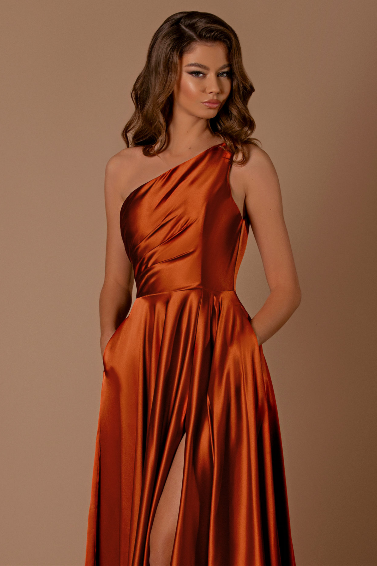 Nicoletta a-line one shoulder formal dress in rust satin