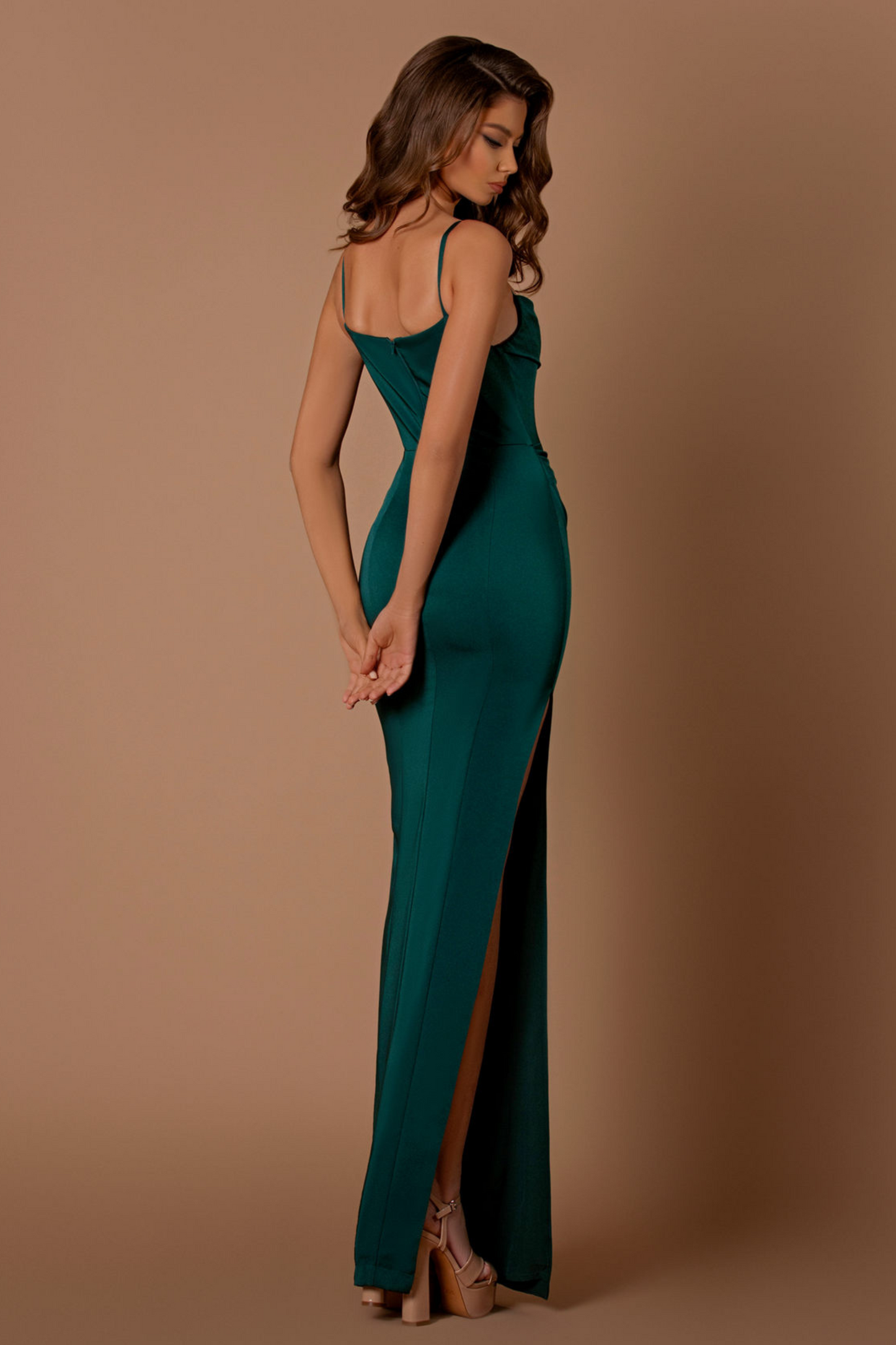Nicoletta slim fit formal dress in dark green soft suiting