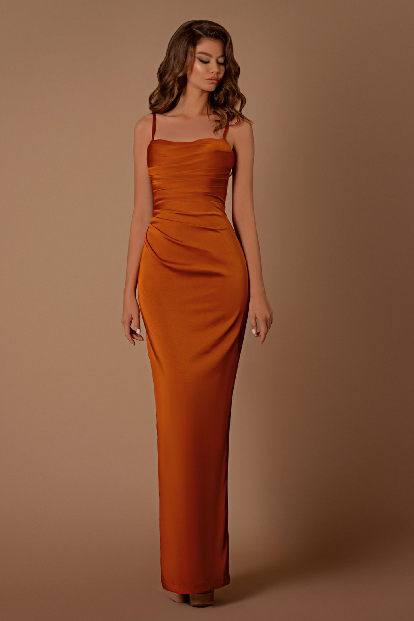Nicoletta slim fit formal dress in rust soft suiting