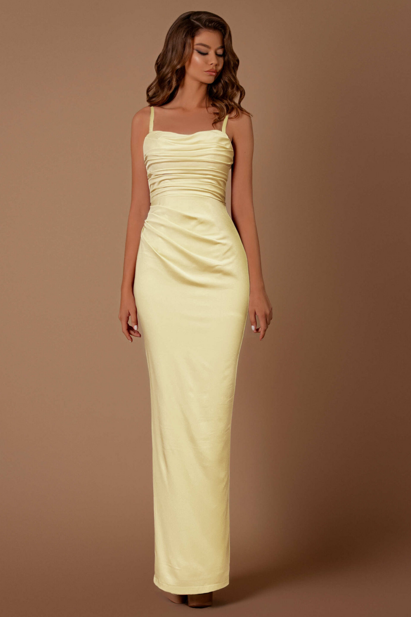 Nicoletta slim fit formal dress in soft lemon soft suiting