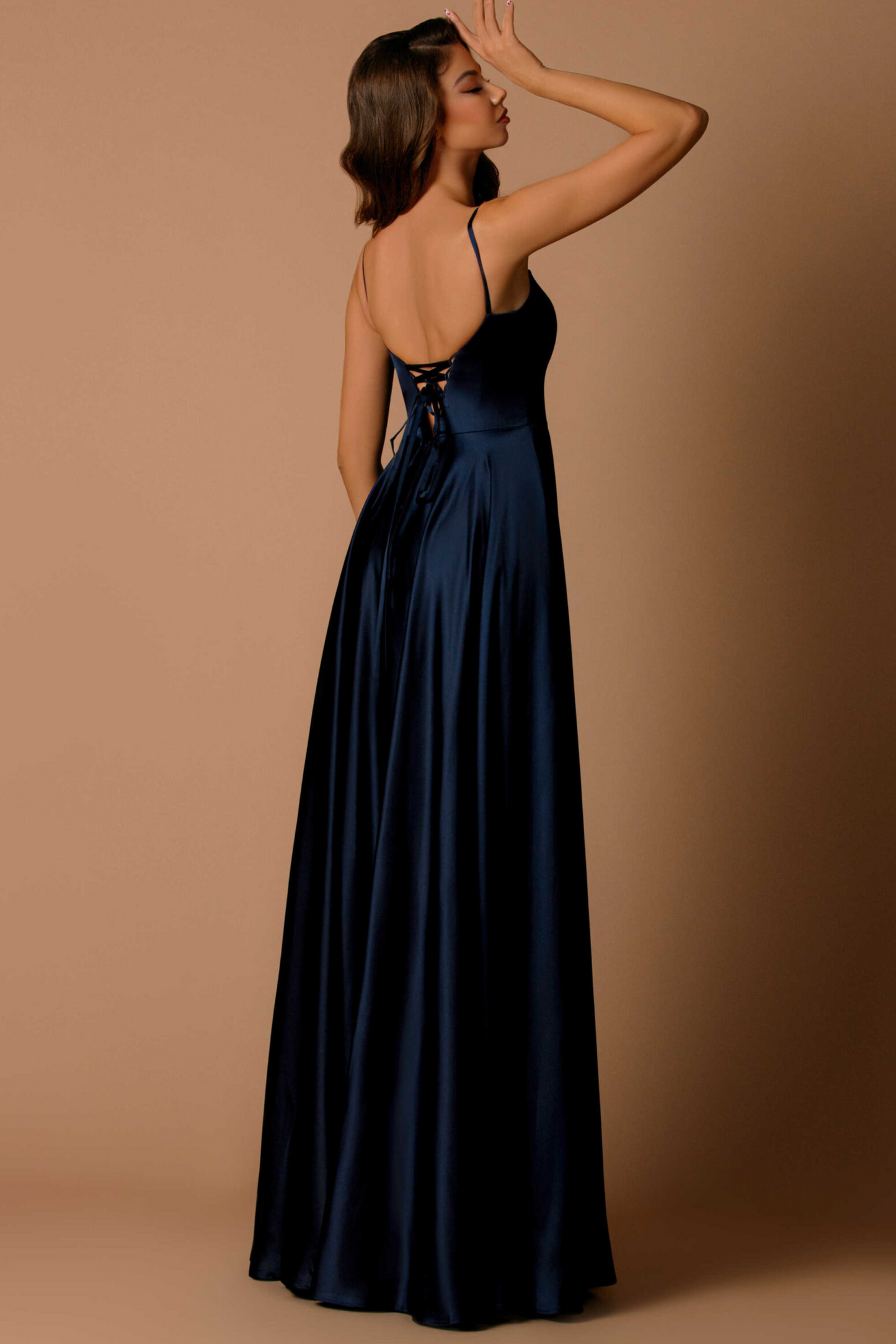Nicoletta a-line formal dress in midnight satin