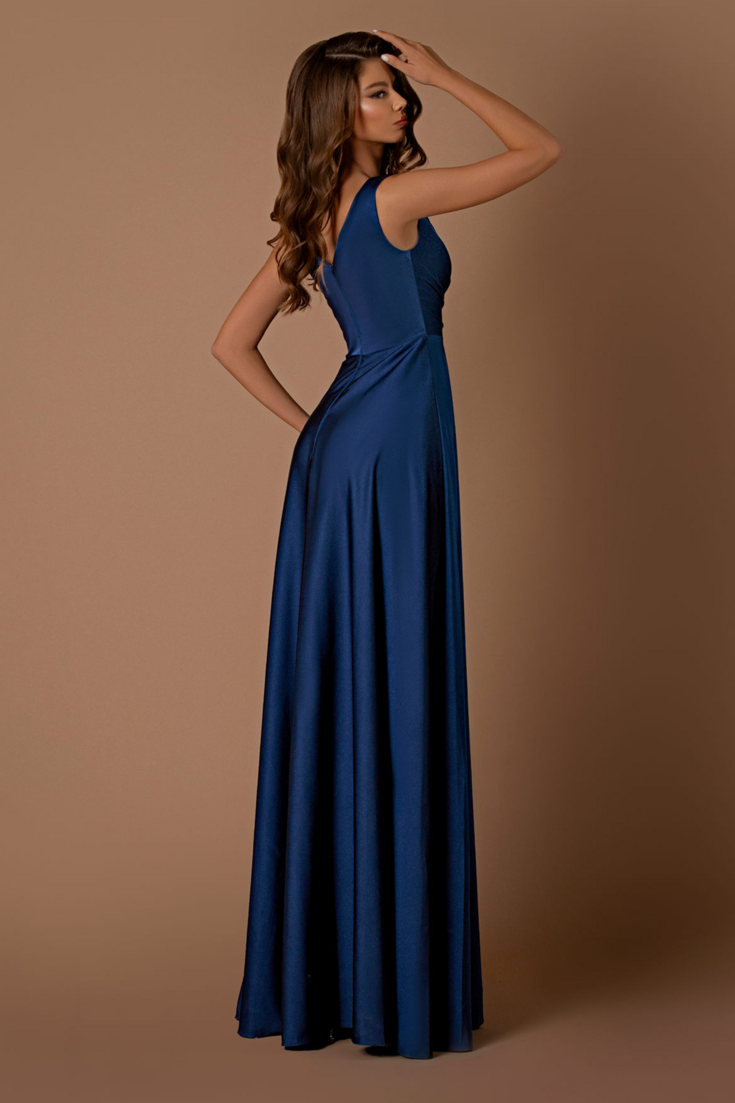 Nicoletta a-line formal dress in indigo soft suiting