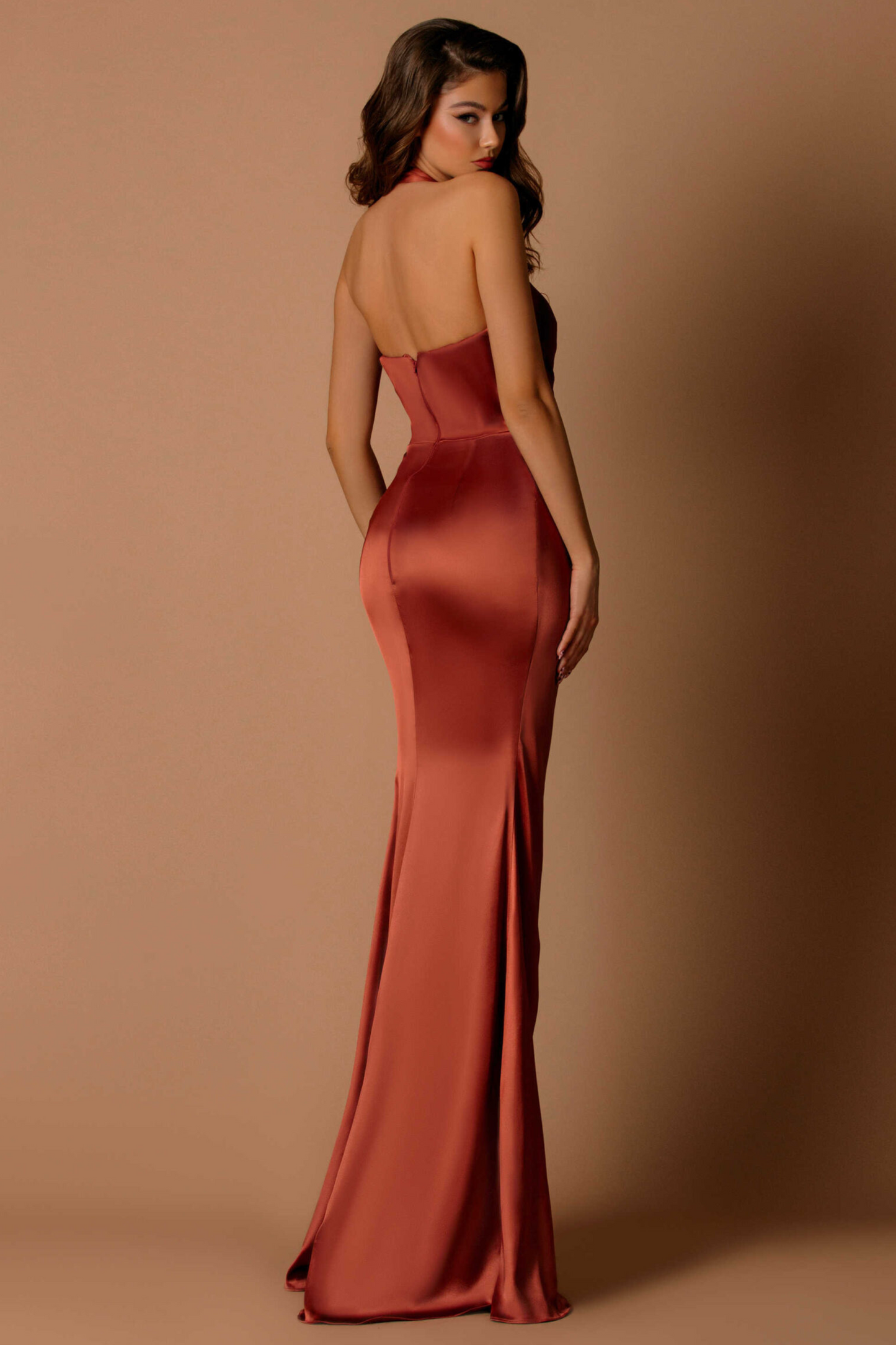 Nicoletta slim fit dress in bronze satin