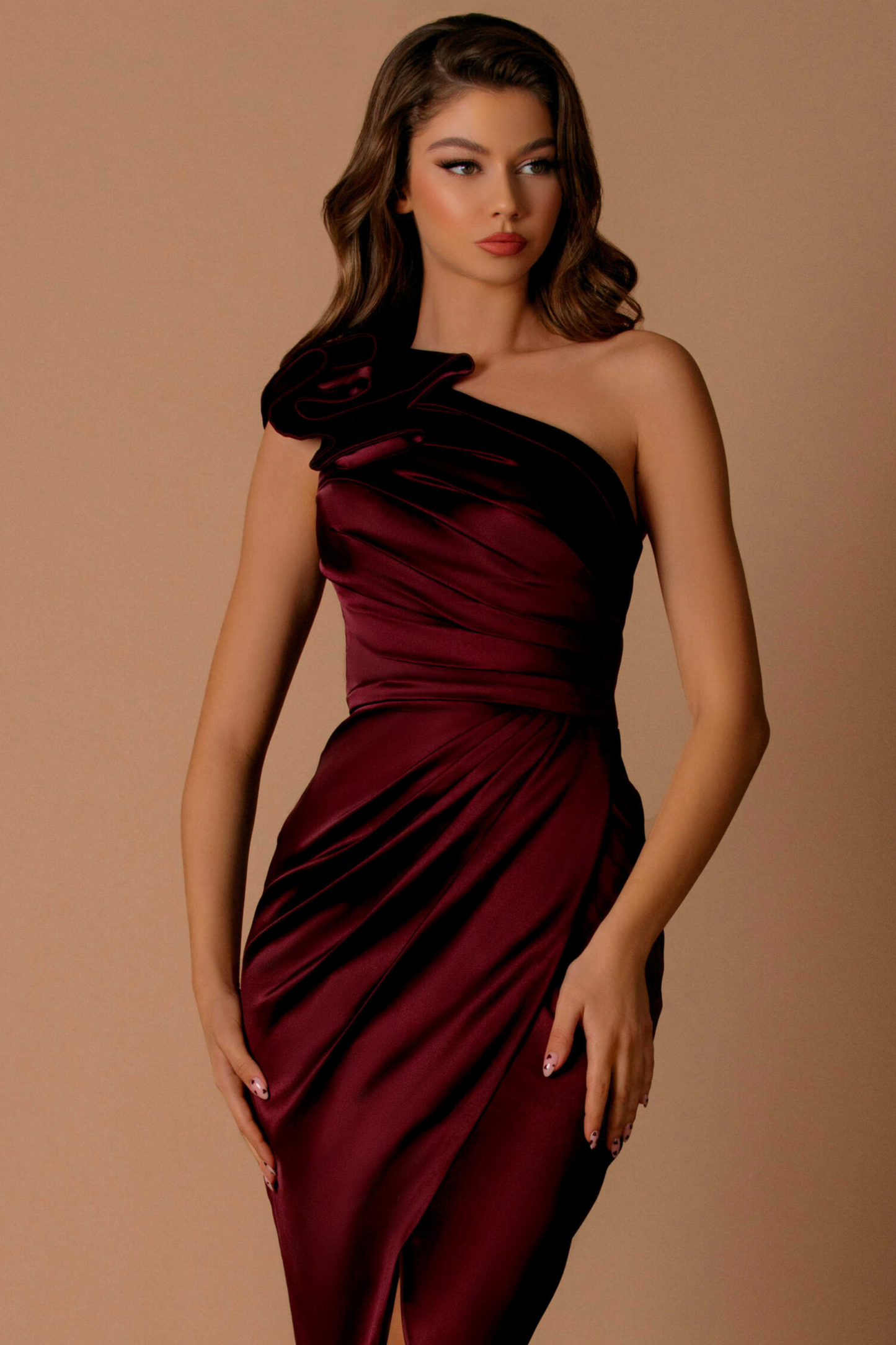 Nicoletta slim fit midi bridesmaids dress in burgundy satin