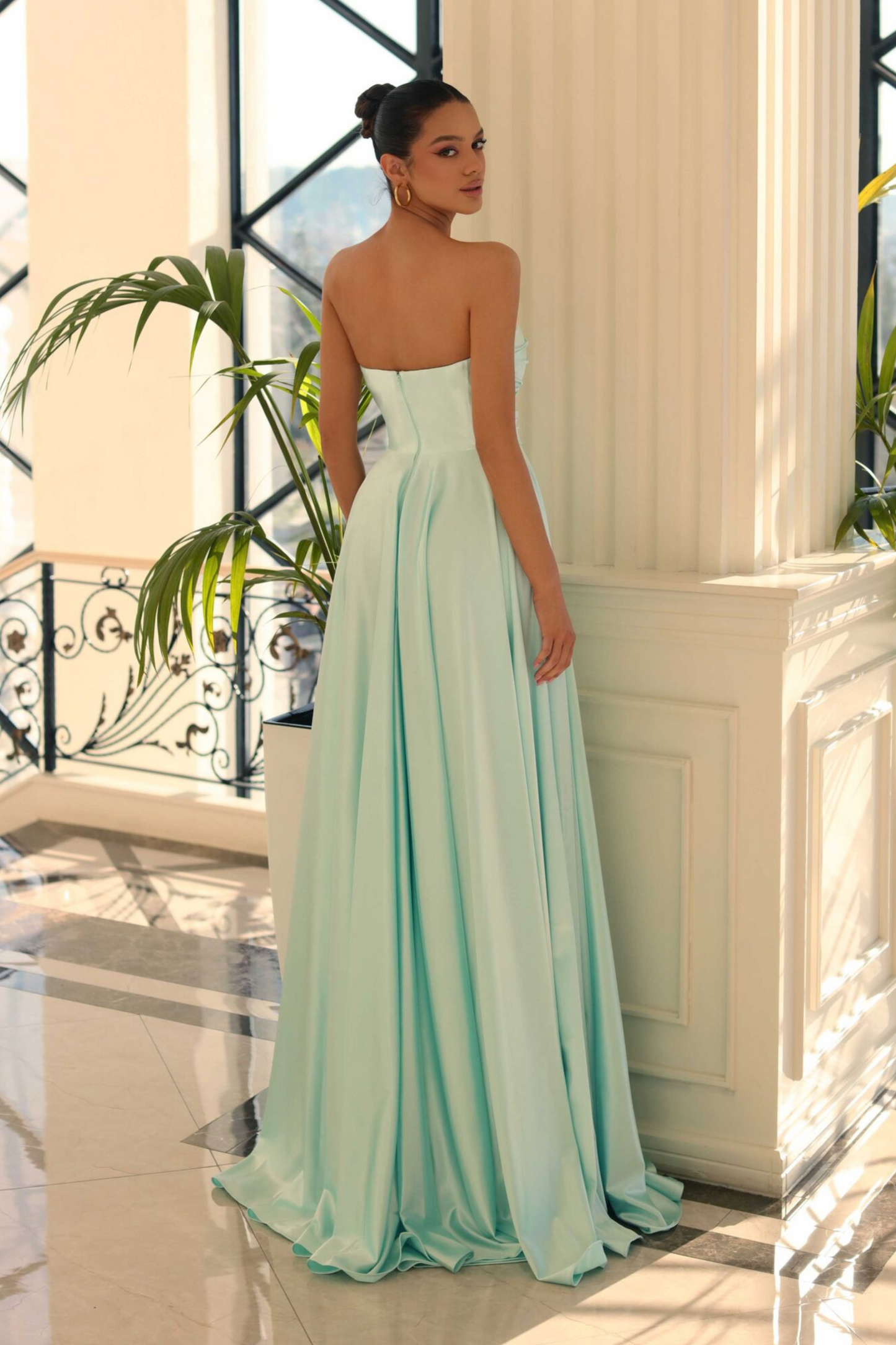 Nicoletta a-line formal dress in baby blue stretch satin