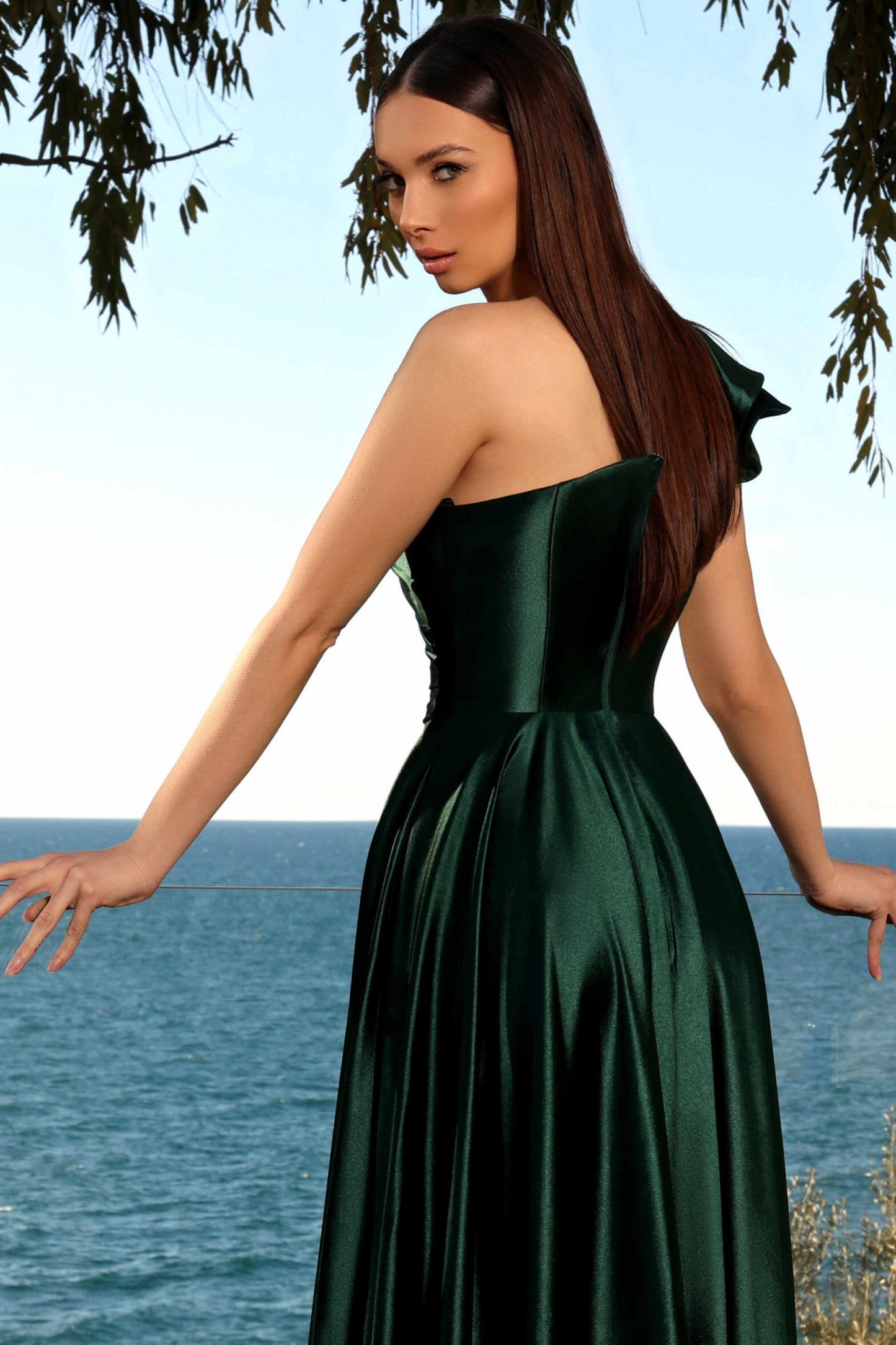 Nicoletta a-line formal dress in deep emerald stretch satin