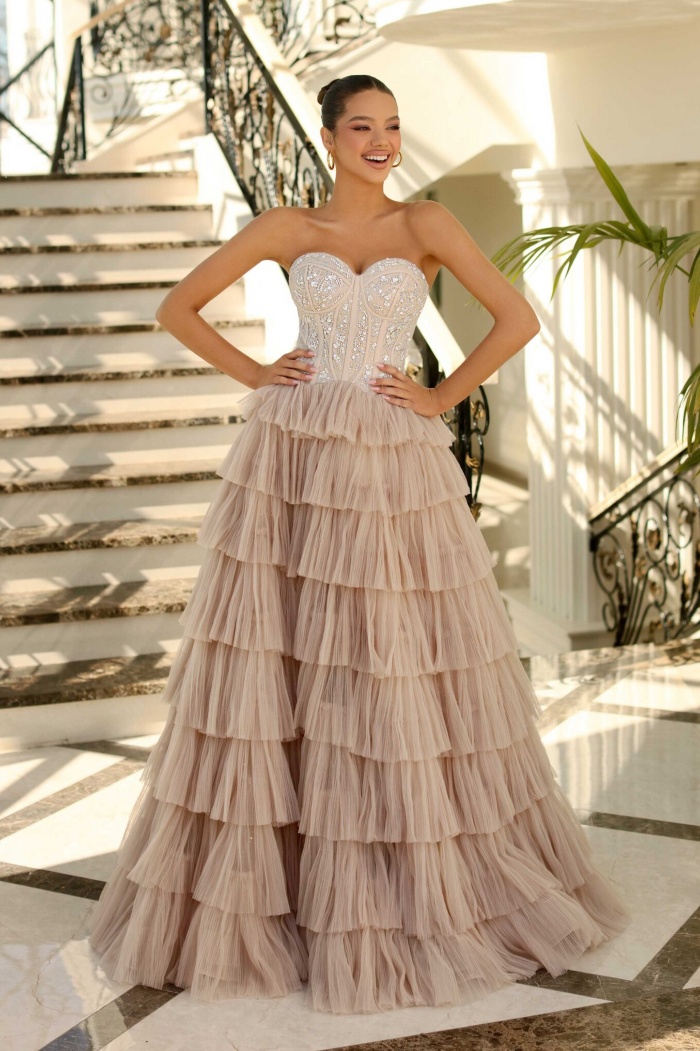 Nicoletta ballgown formal dress in blush tulle and beaded bodice