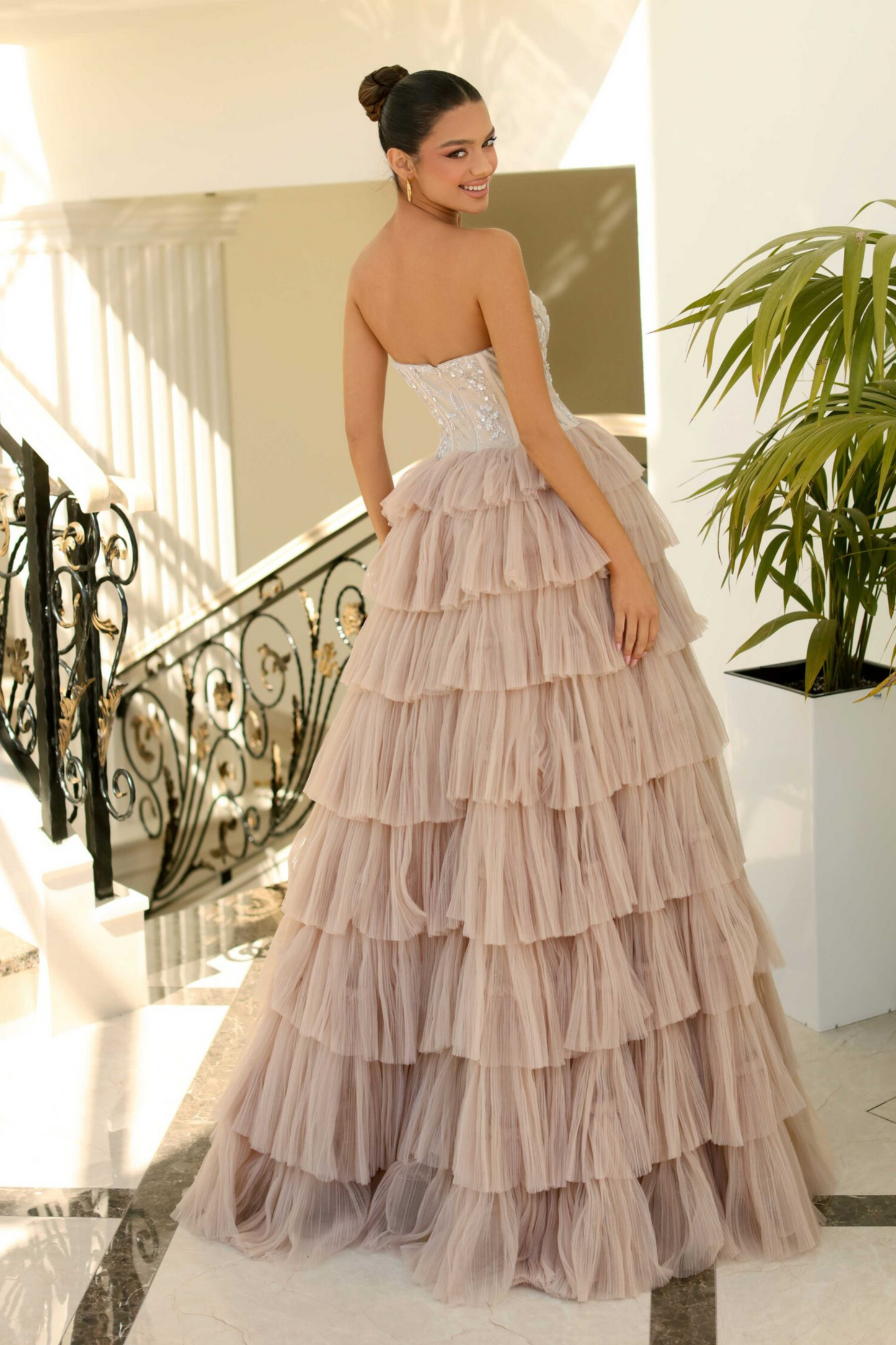 Nicoletta ballgown formal dress in blush tulle and beaded bodice
