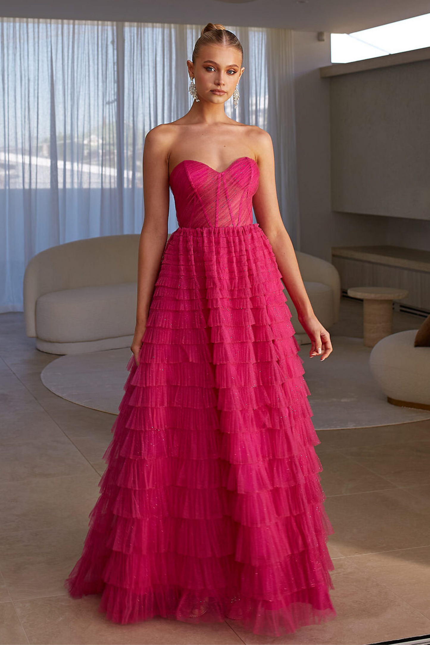 Tania Olsen a-line formal dress in hot pink glitter tulle