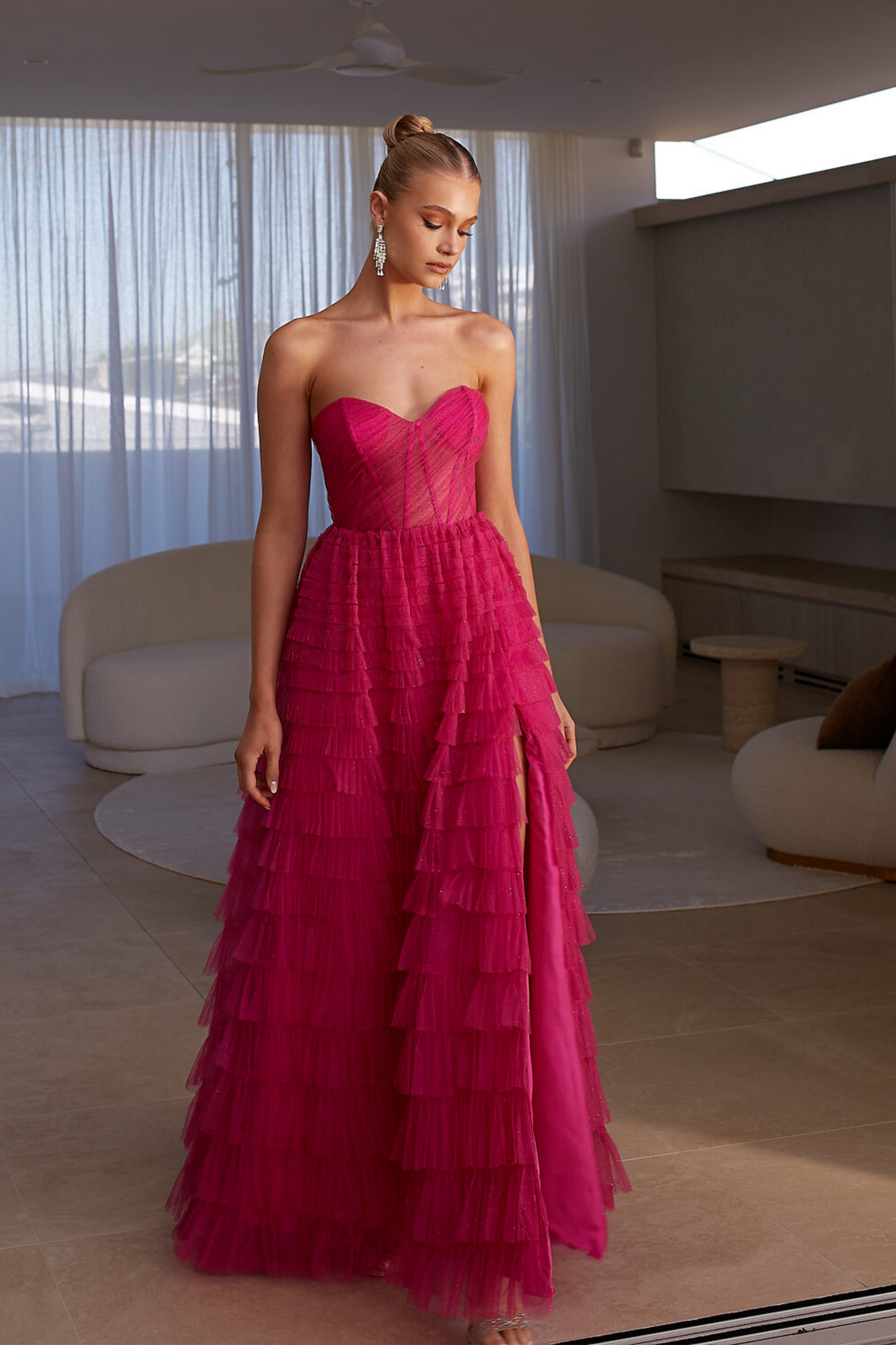 Tania Olsen a-line formal dress in hot pink glitter tulle