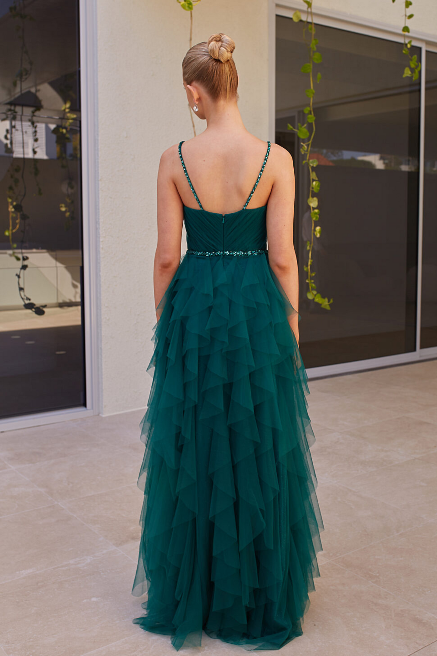 Tania Olsen a-line formal dress in emerald ruffle tulle