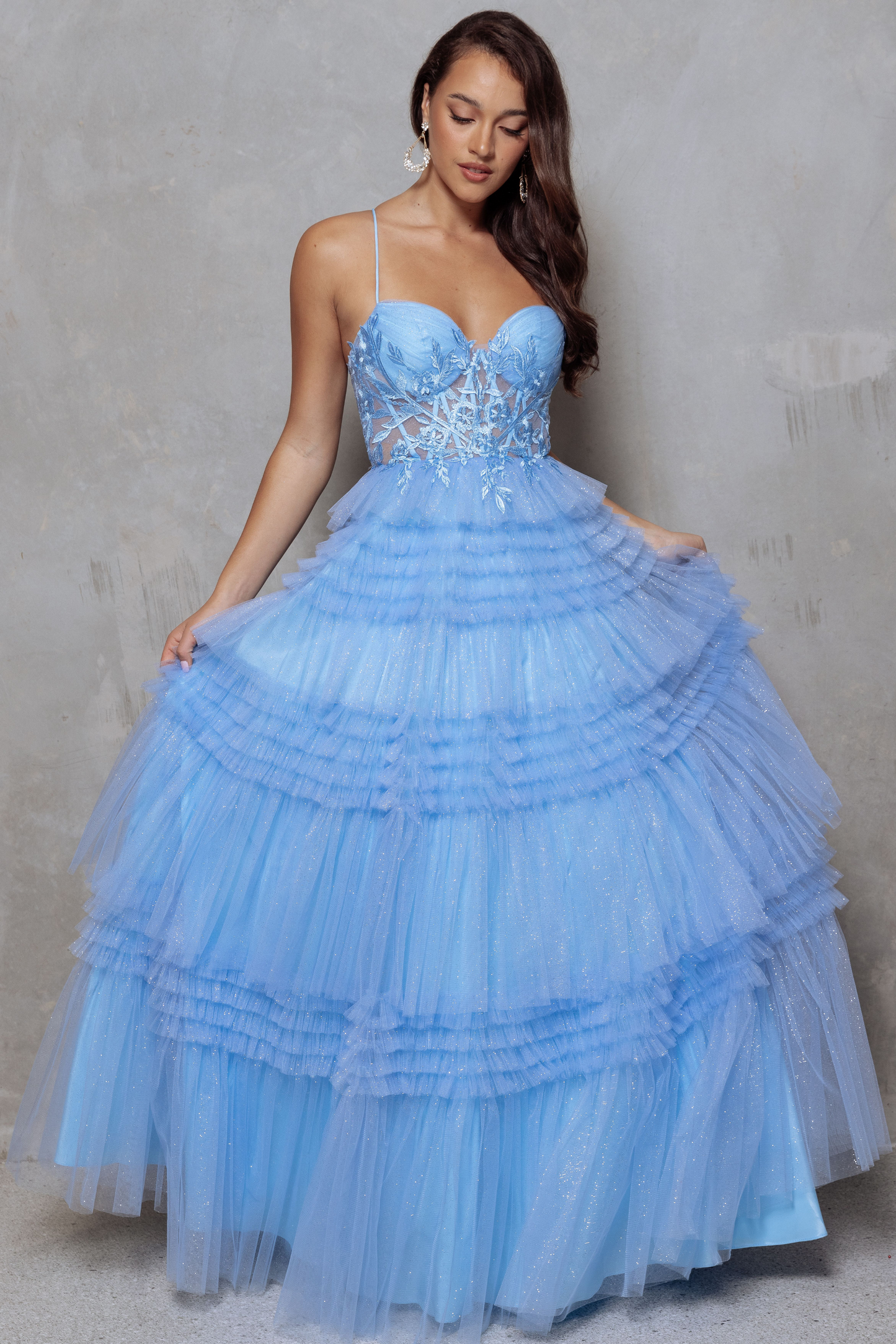 Dusty blue glitter tulle formal dress with corseted bodice and lace up back