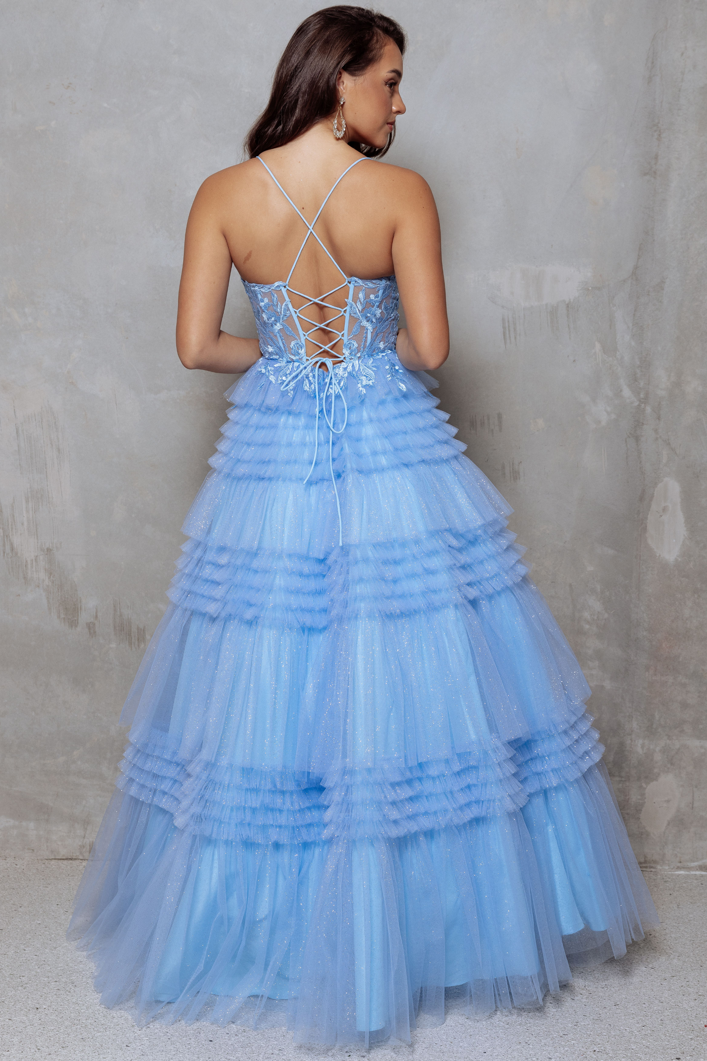 Dusty blue glitter tulle formal dress with corseted bodice and lace up back