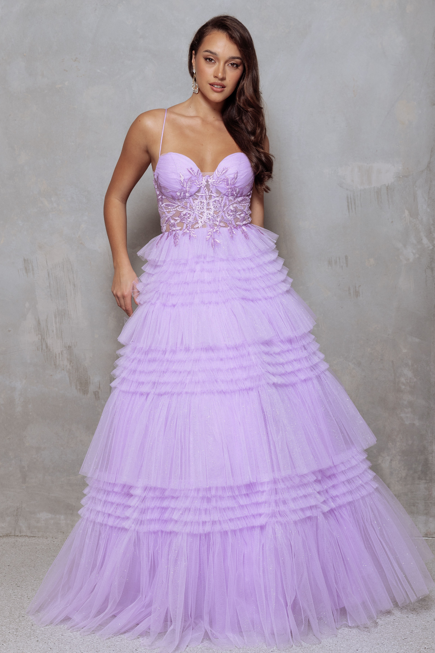 Lilac glitter tulle formal dress with corseted bodice and lace up back