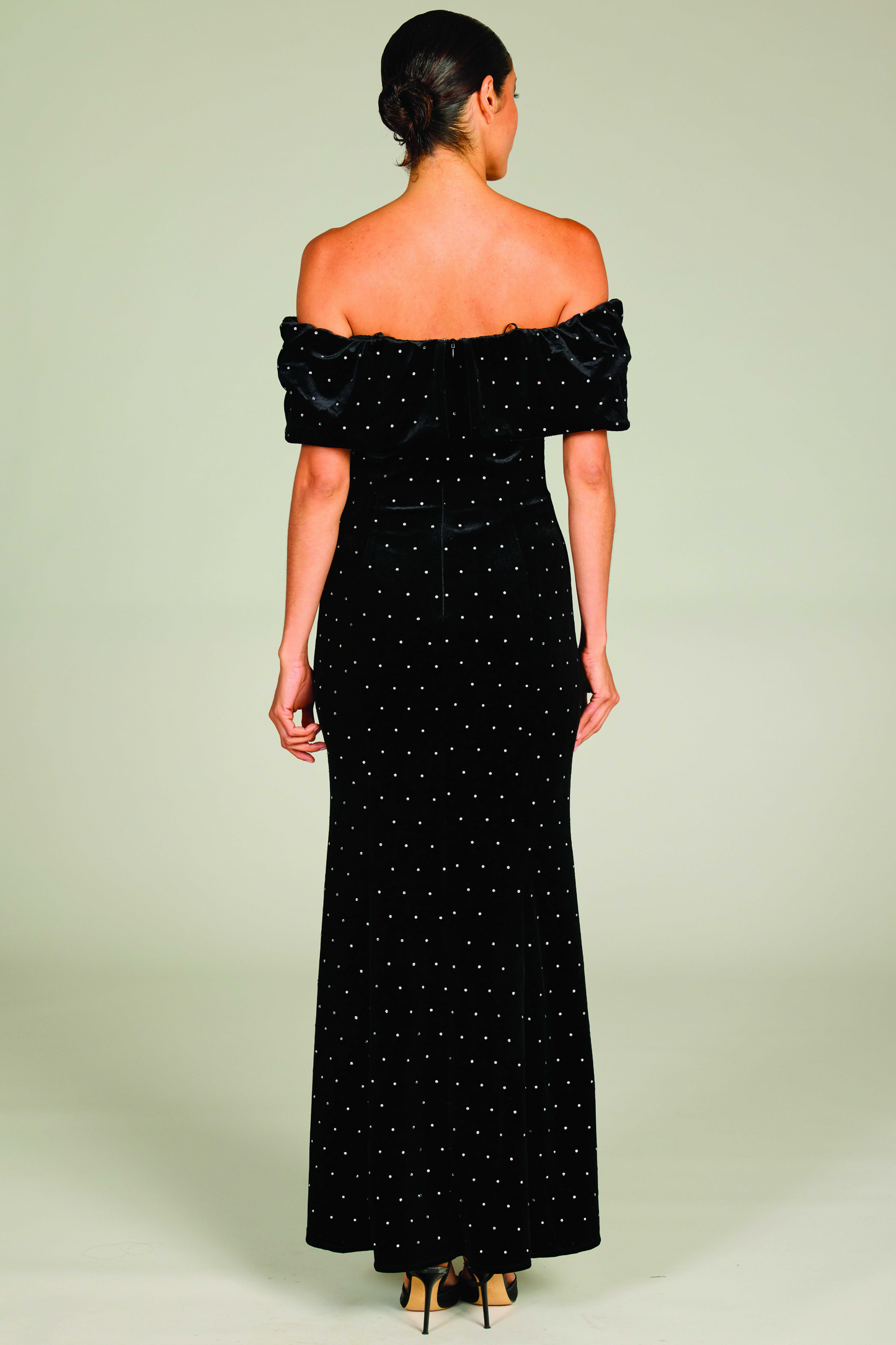 Black velour slim fit off shoulder evening dress with diamante accents