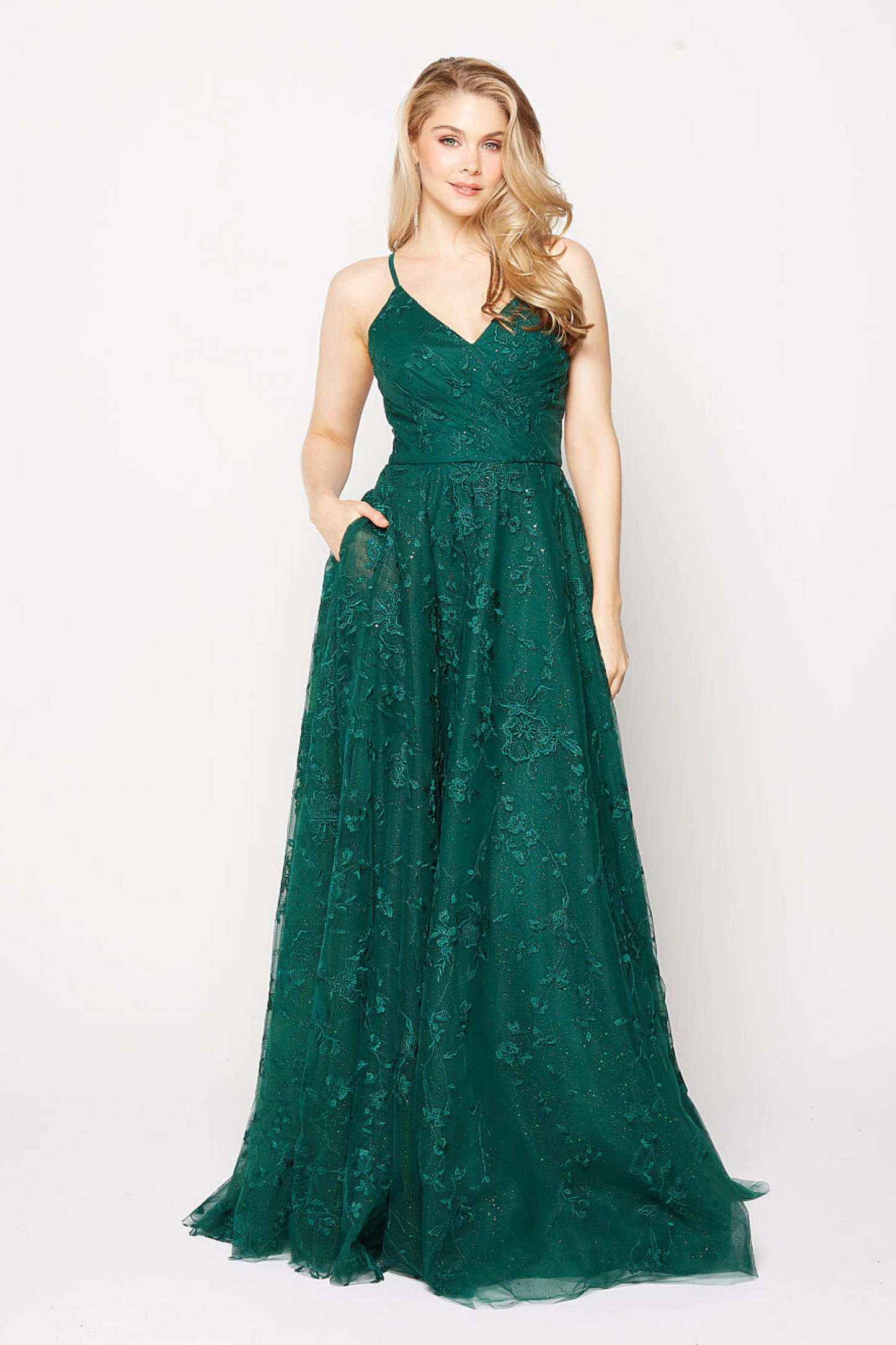 Tania Olsen a-line lace and glitter tulle formal dress in emerald green