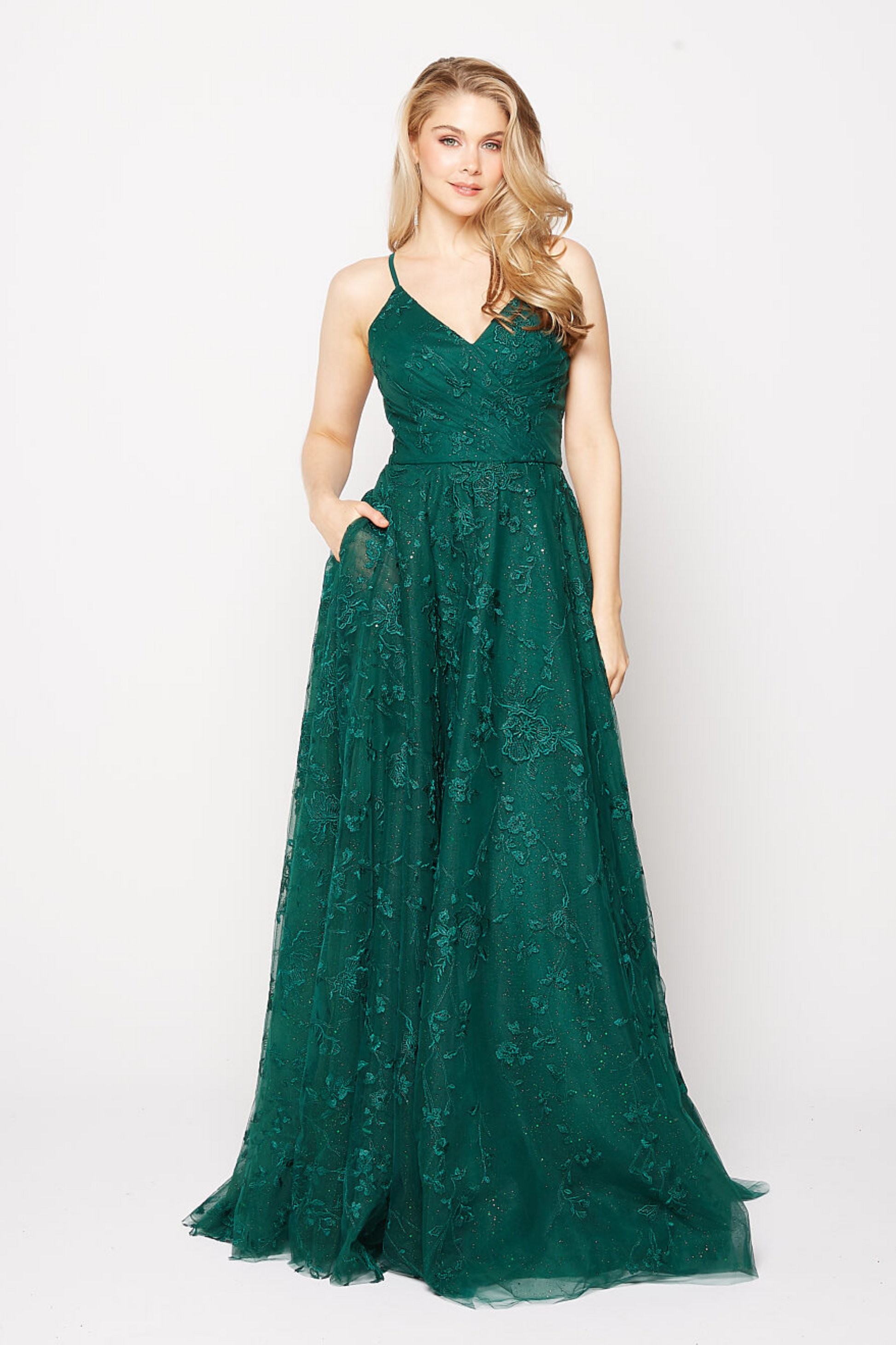 Tania Olsen a-line lace and glitter tulle formal dress in emerald green