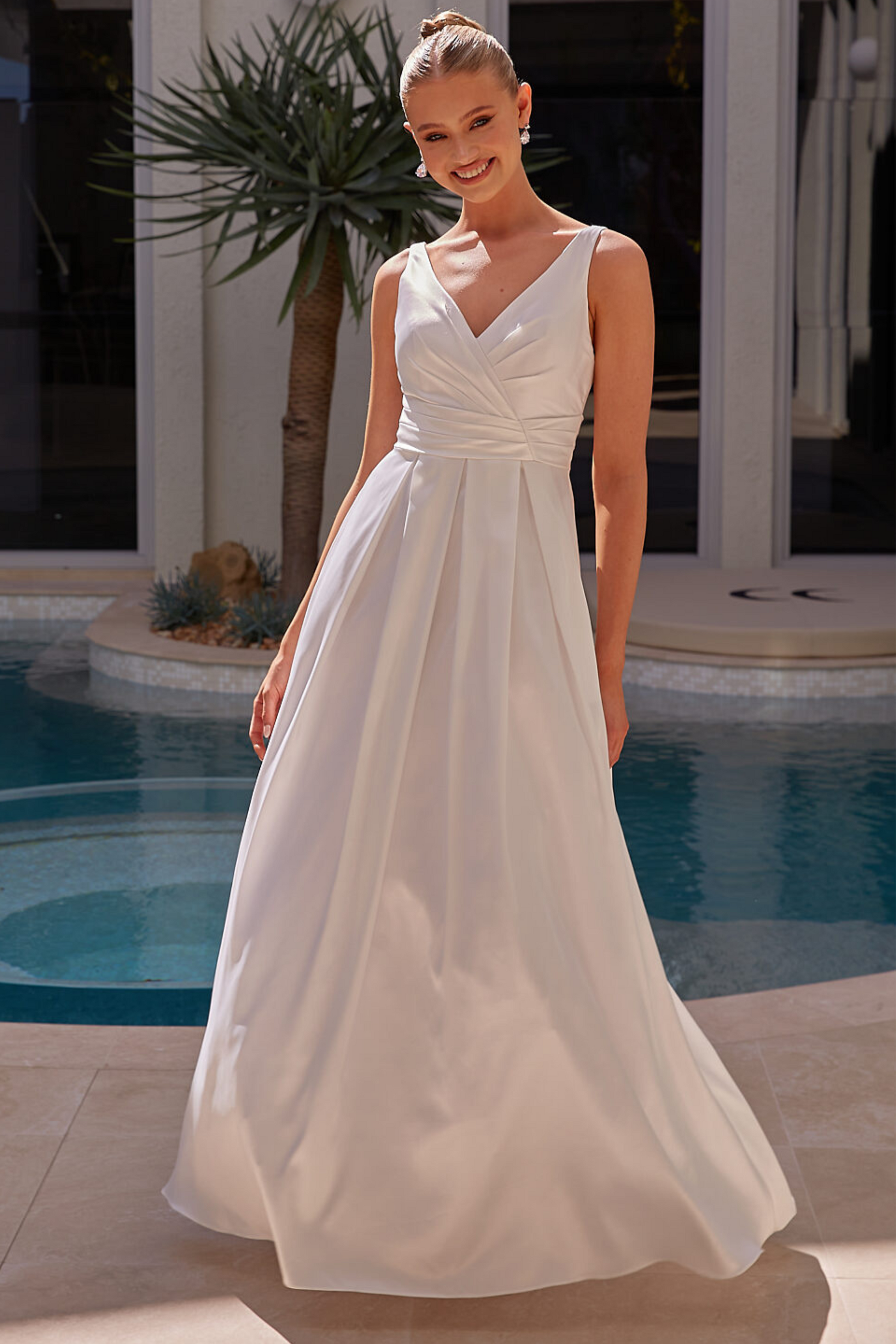 Tania Olsen a-line debutante dress in pure white satin