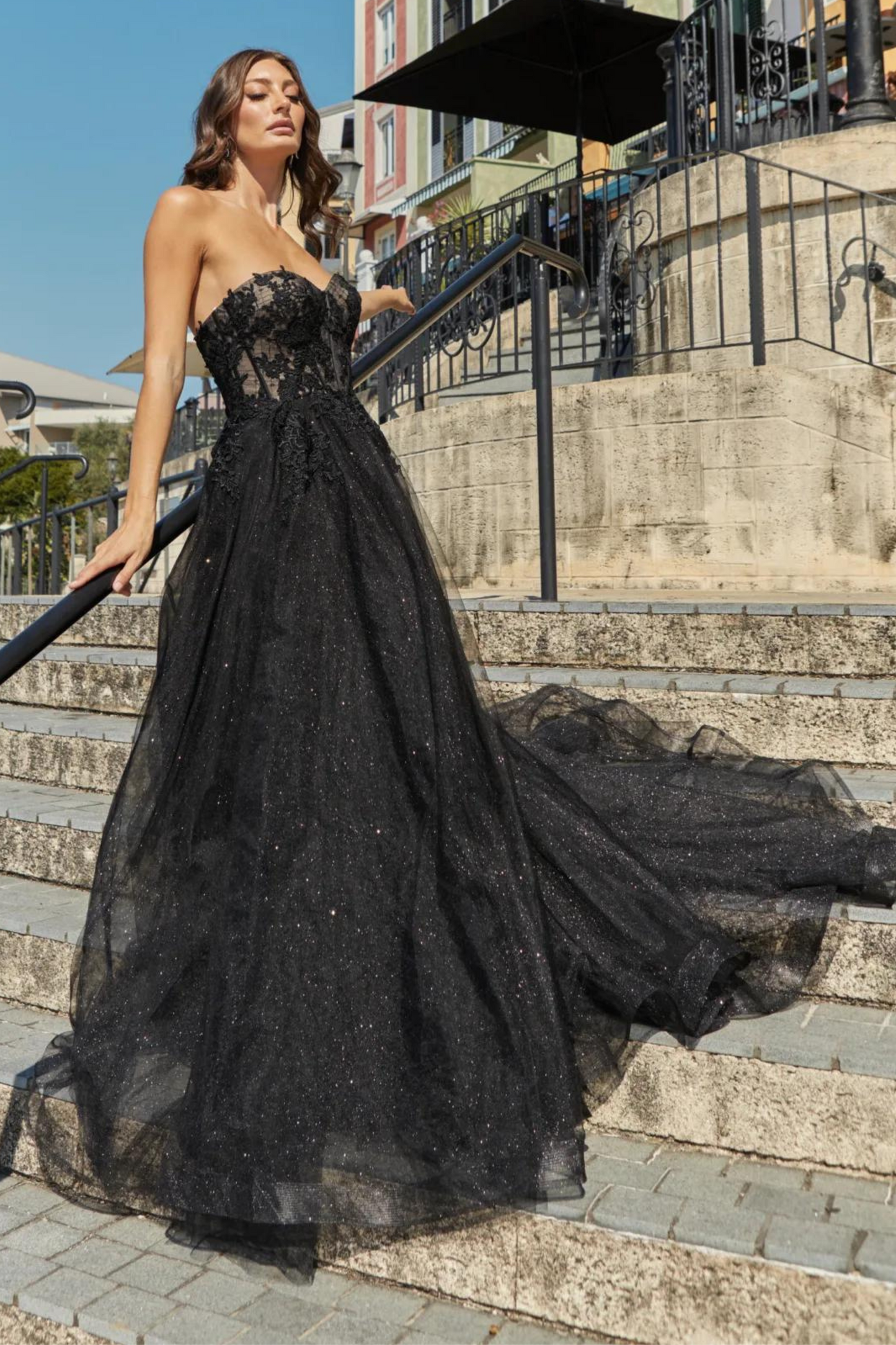 Tania Olsen a-line formal dress with embroidered lace bodice and tulle and glitter skirt in black