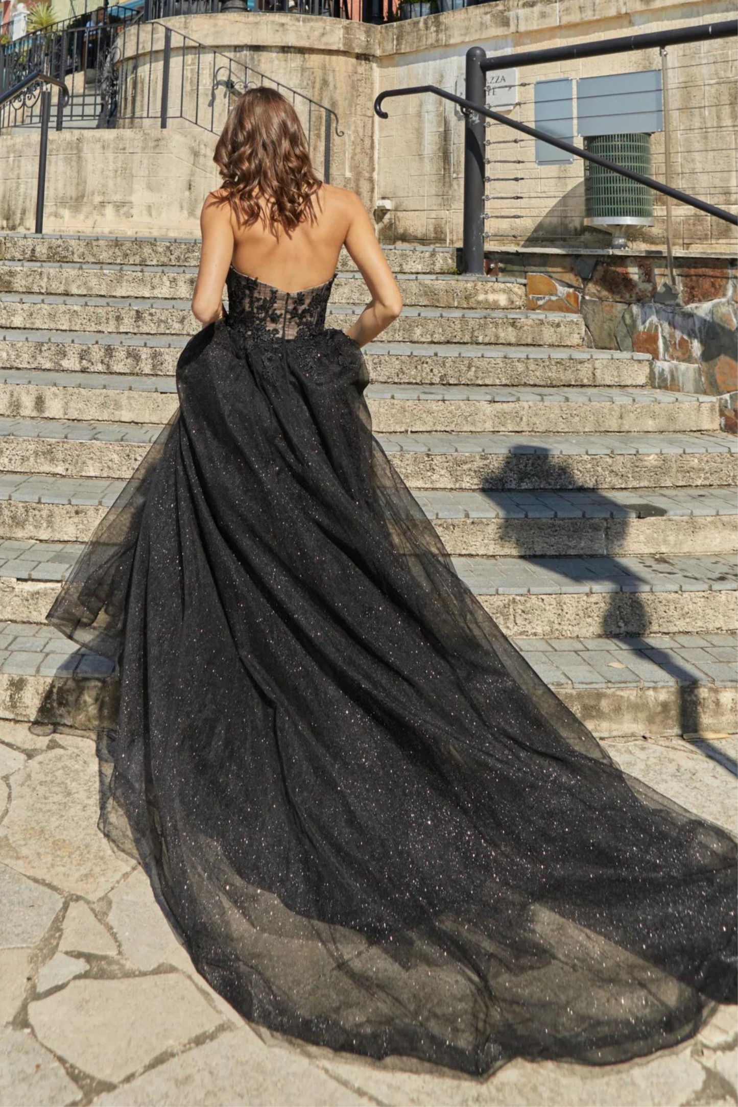 Tania Olsen a-line formal dress with embroidered lace bodice and tulle and glitter skirt in black
