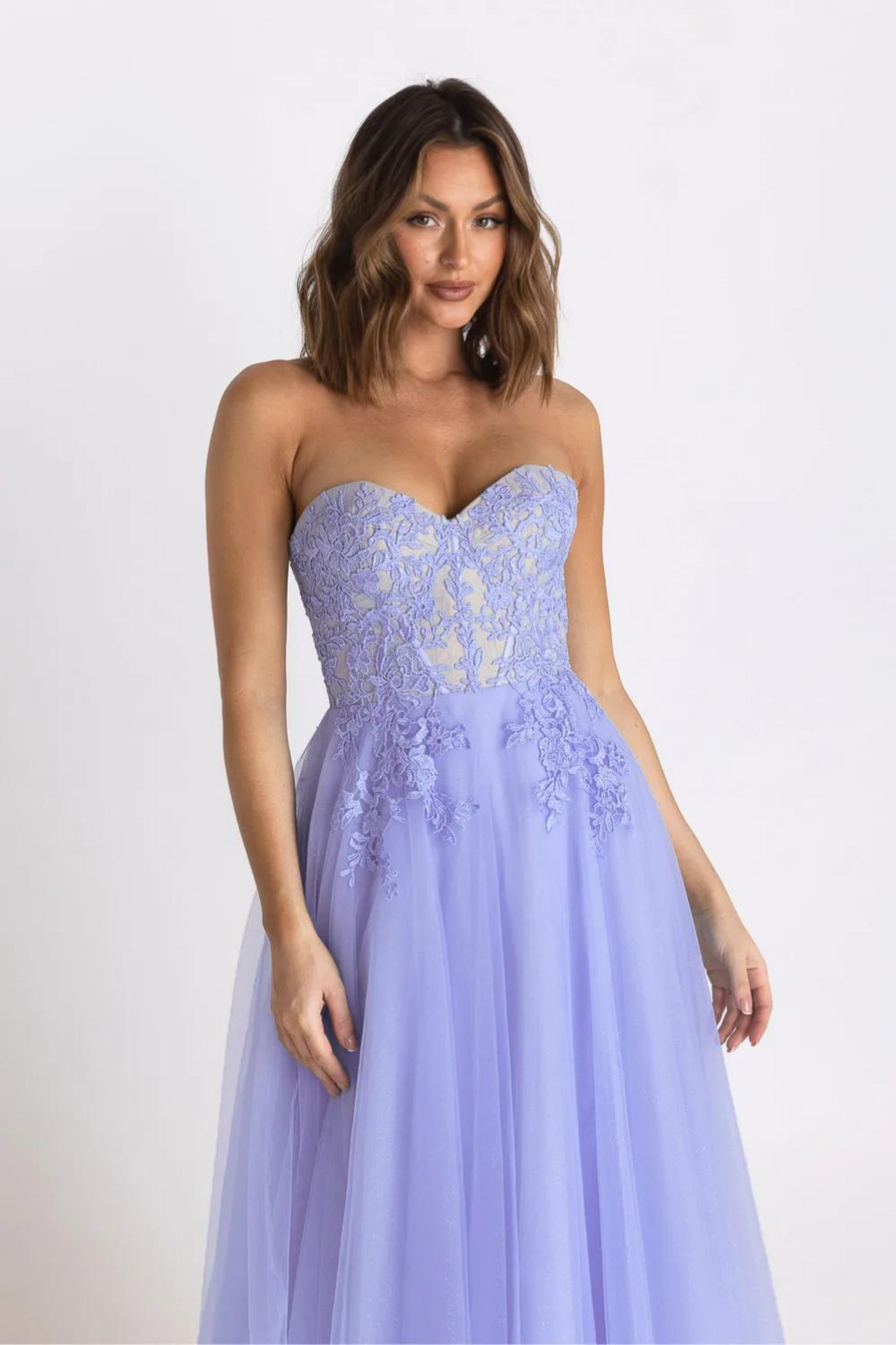 Tania Olsen a-line formal dress with embroidered lace bodice and tulle and glitter skirt in lilac