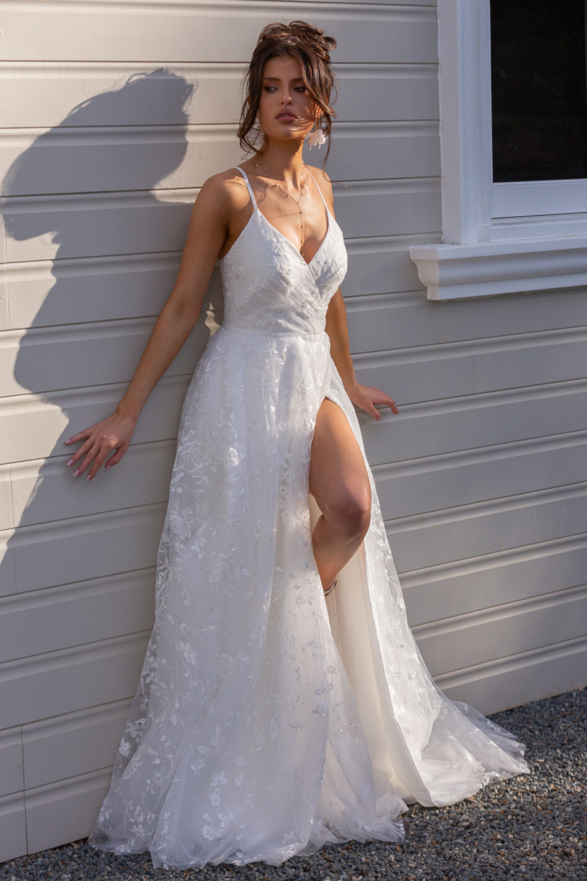 Tania Olsen a-line lace and glitter tulle wedding dress in ivory