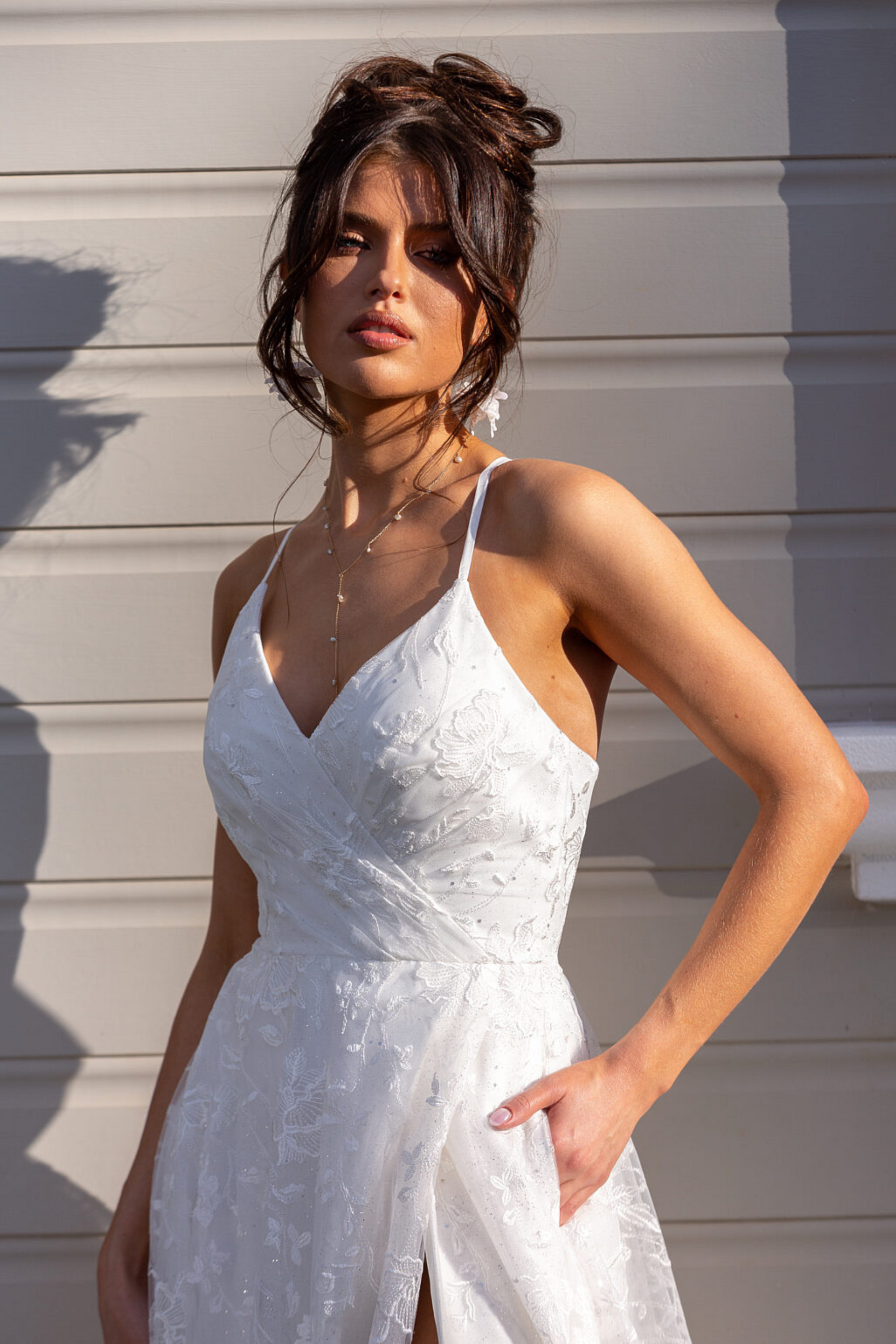 Tania Olsen a-line lace and glitter tulle wedding dress in ivory