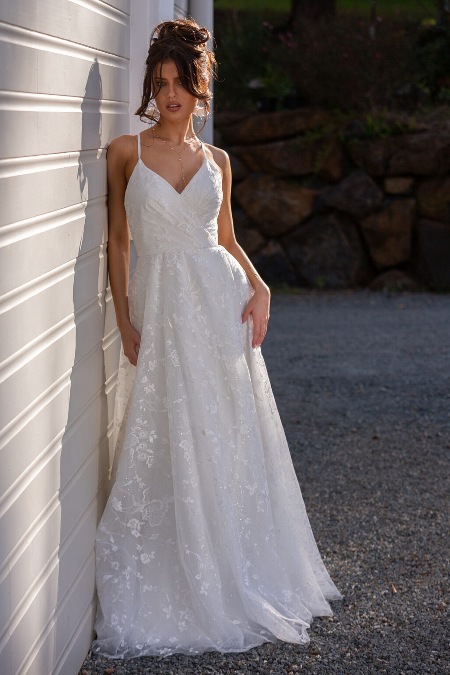 Tania Olsen a-line lace and glitter tulle wedding dress in ivory