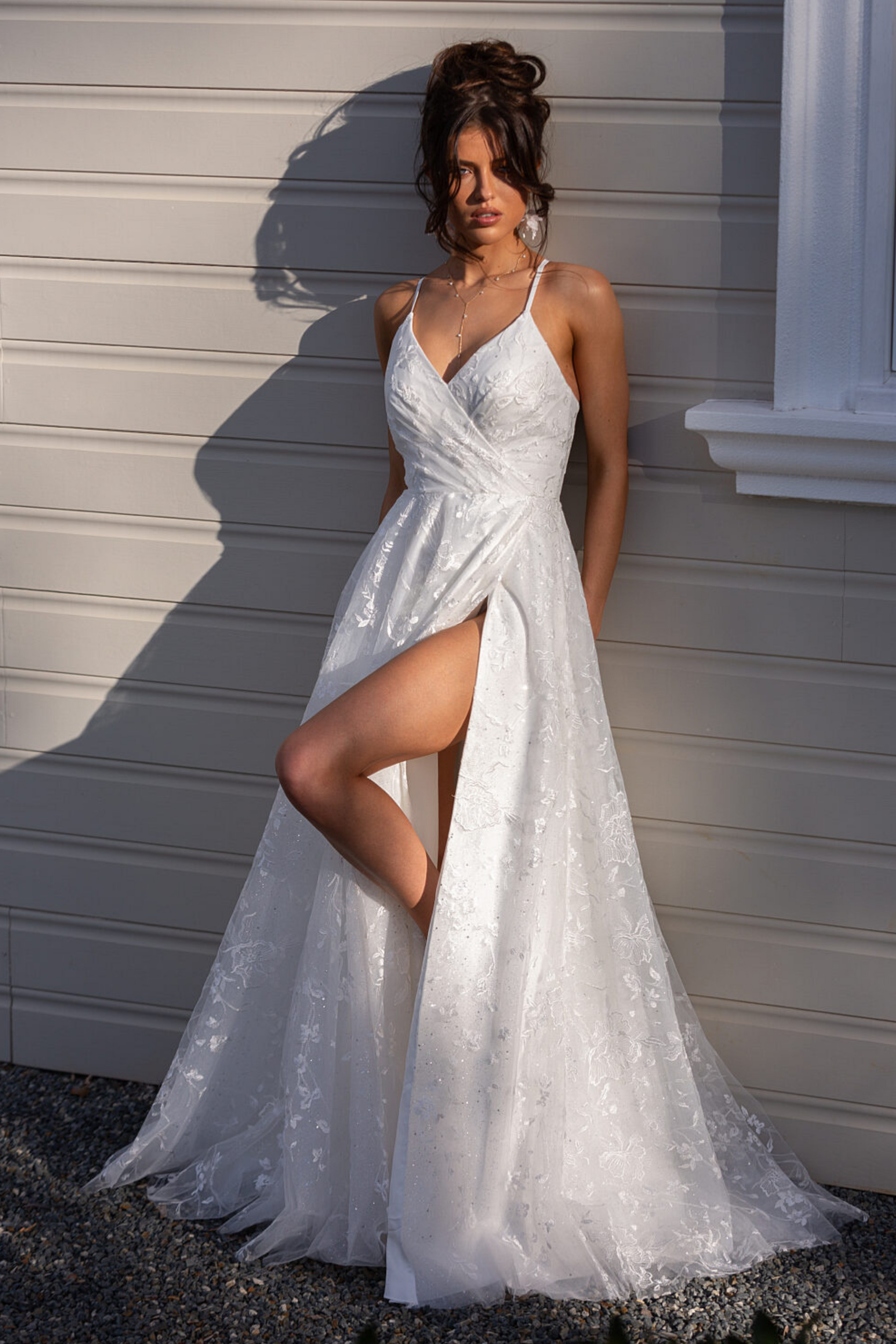 Tania Olsen a-line lace and glitter tulle wedding dress in ivory