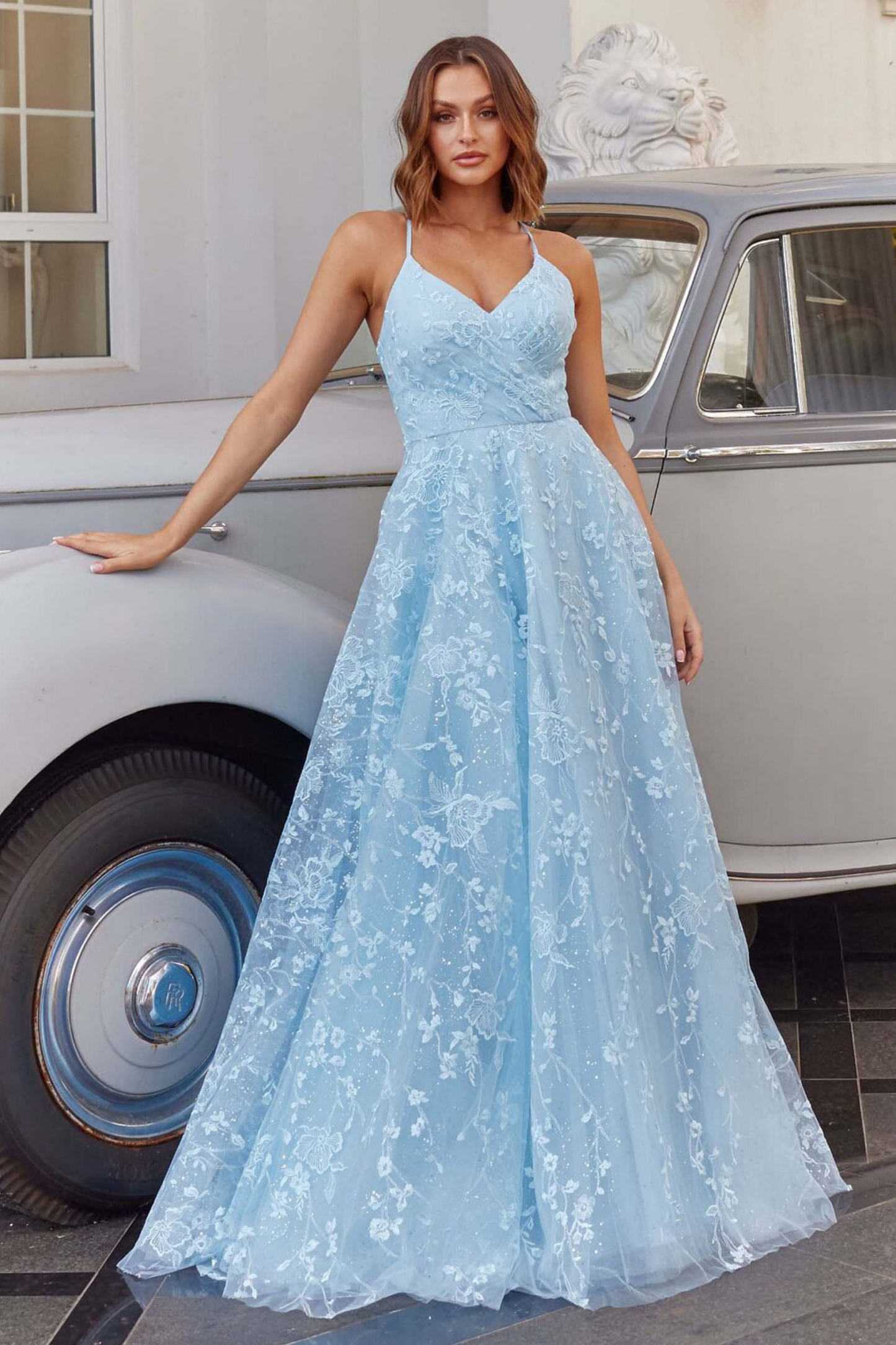 Tania Olsen a-line lace and glitter tulle formal dress in pale blue