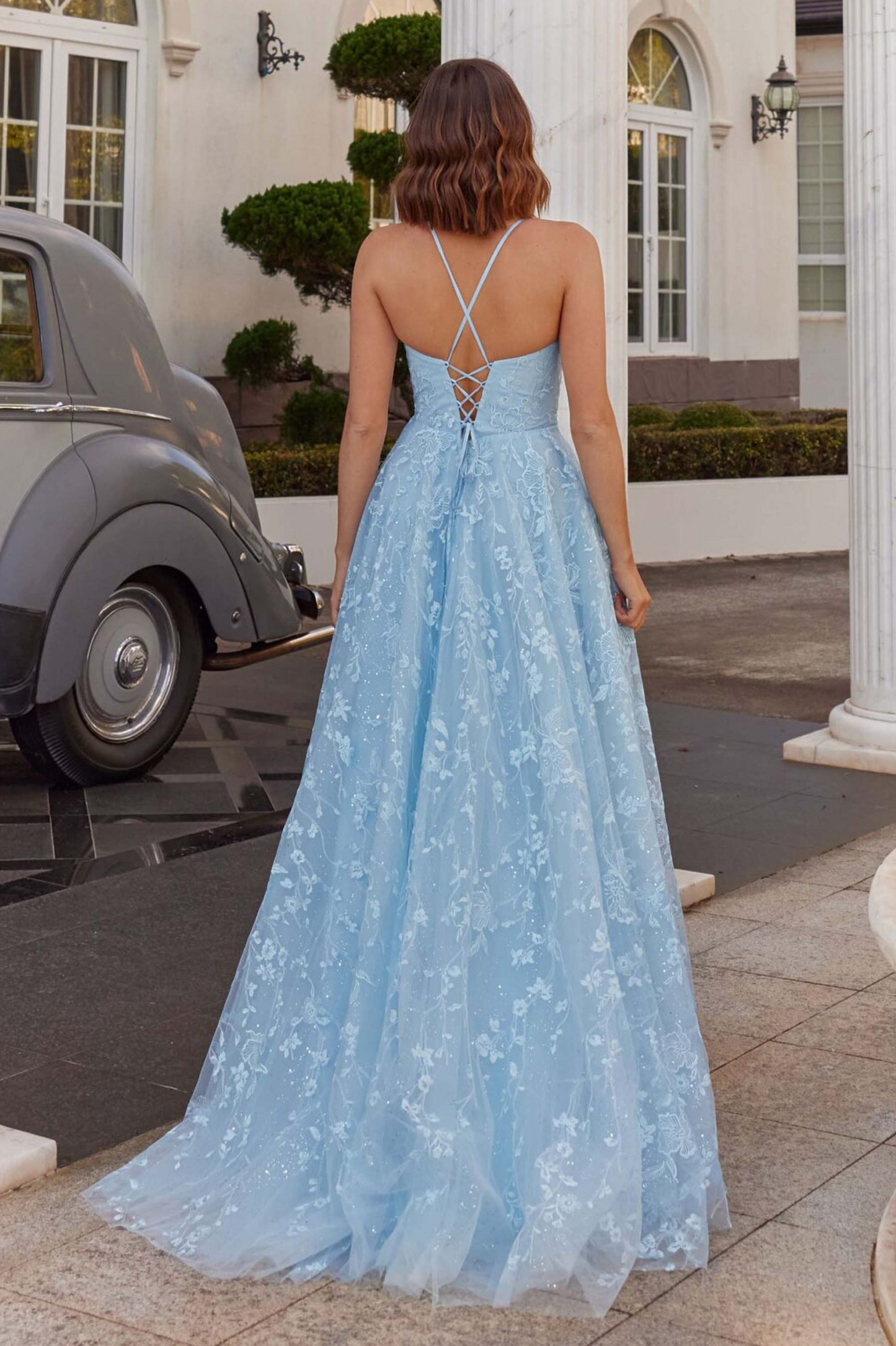 Tania Olsen A-line lace and glitter tulle  formal dress in pale blue