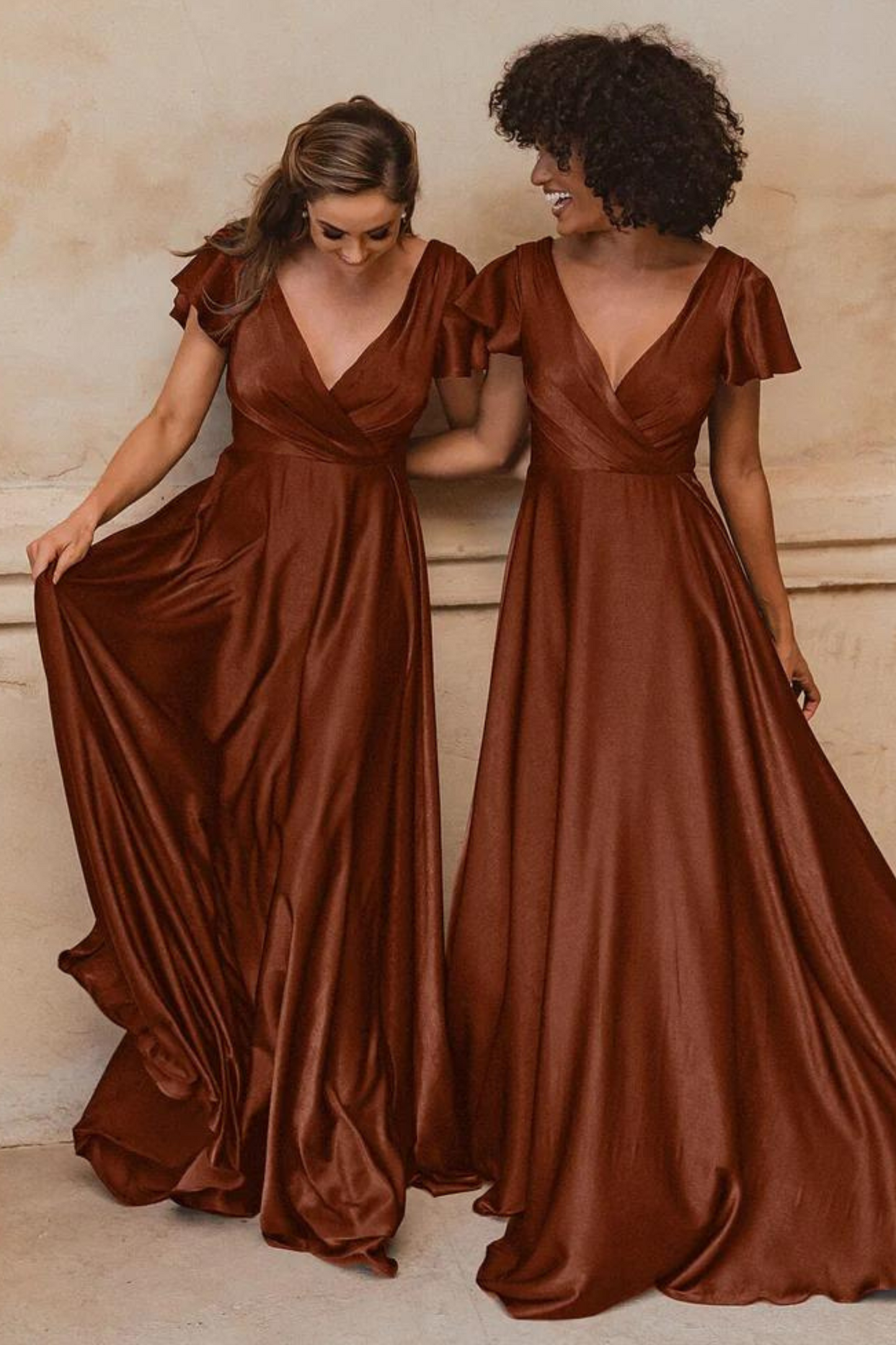 A-line rust brown satin bridesmaids dress with V neckline and flutter sleeves