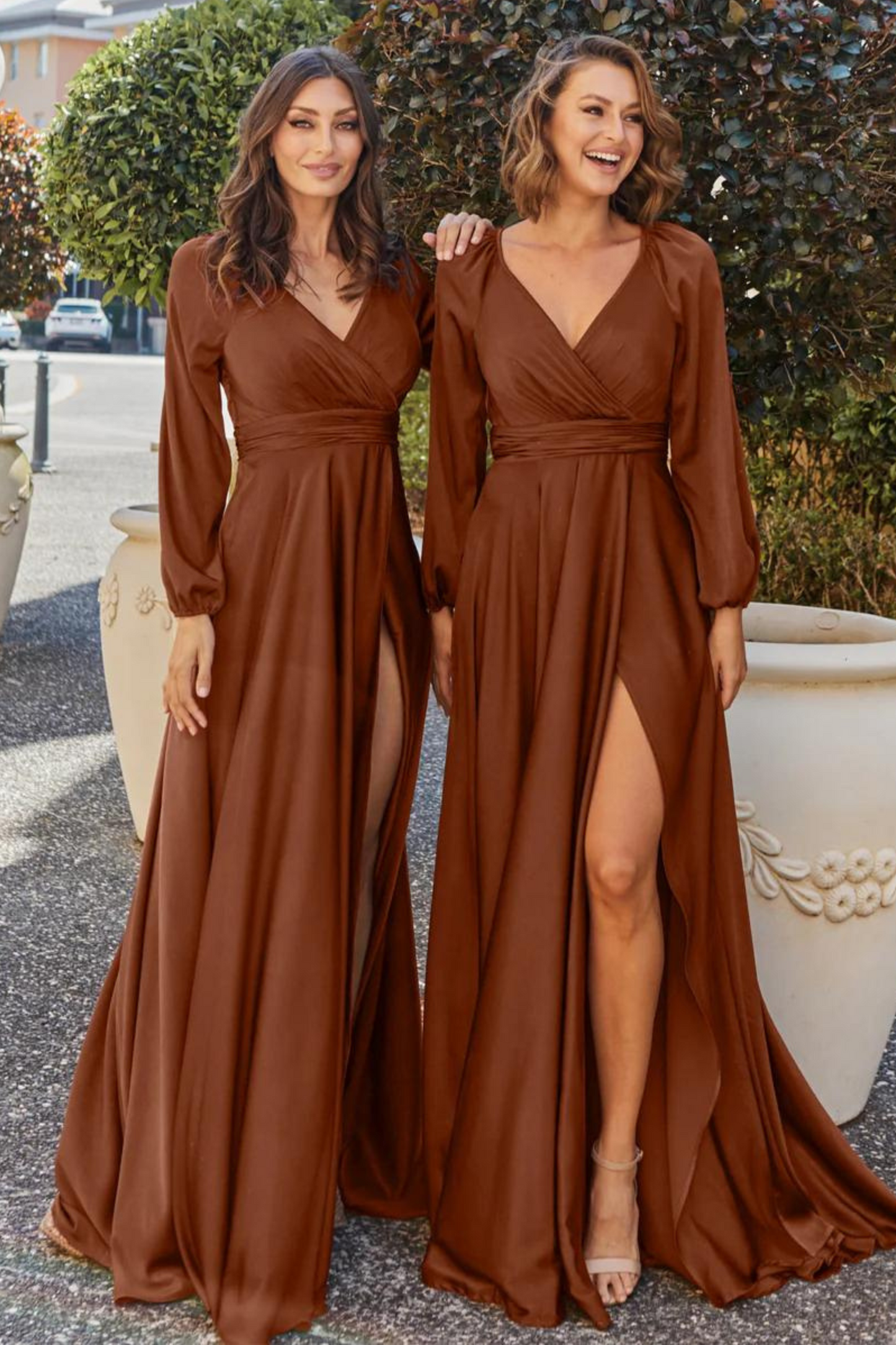 A-line rust satin bridesmaids dress with long sleeves and wrap skirt