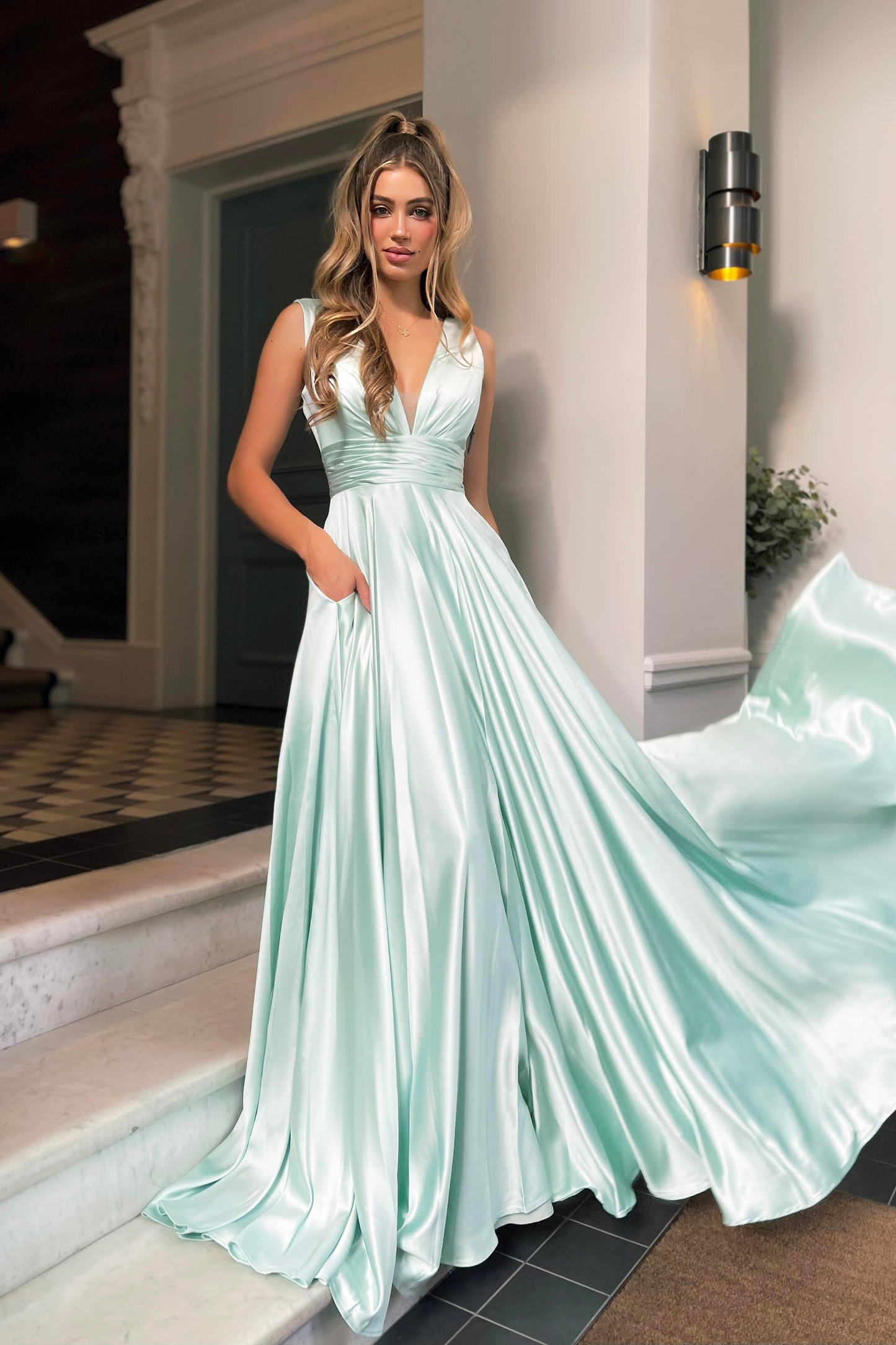 Nicoletta a-line formal dress in mint satin