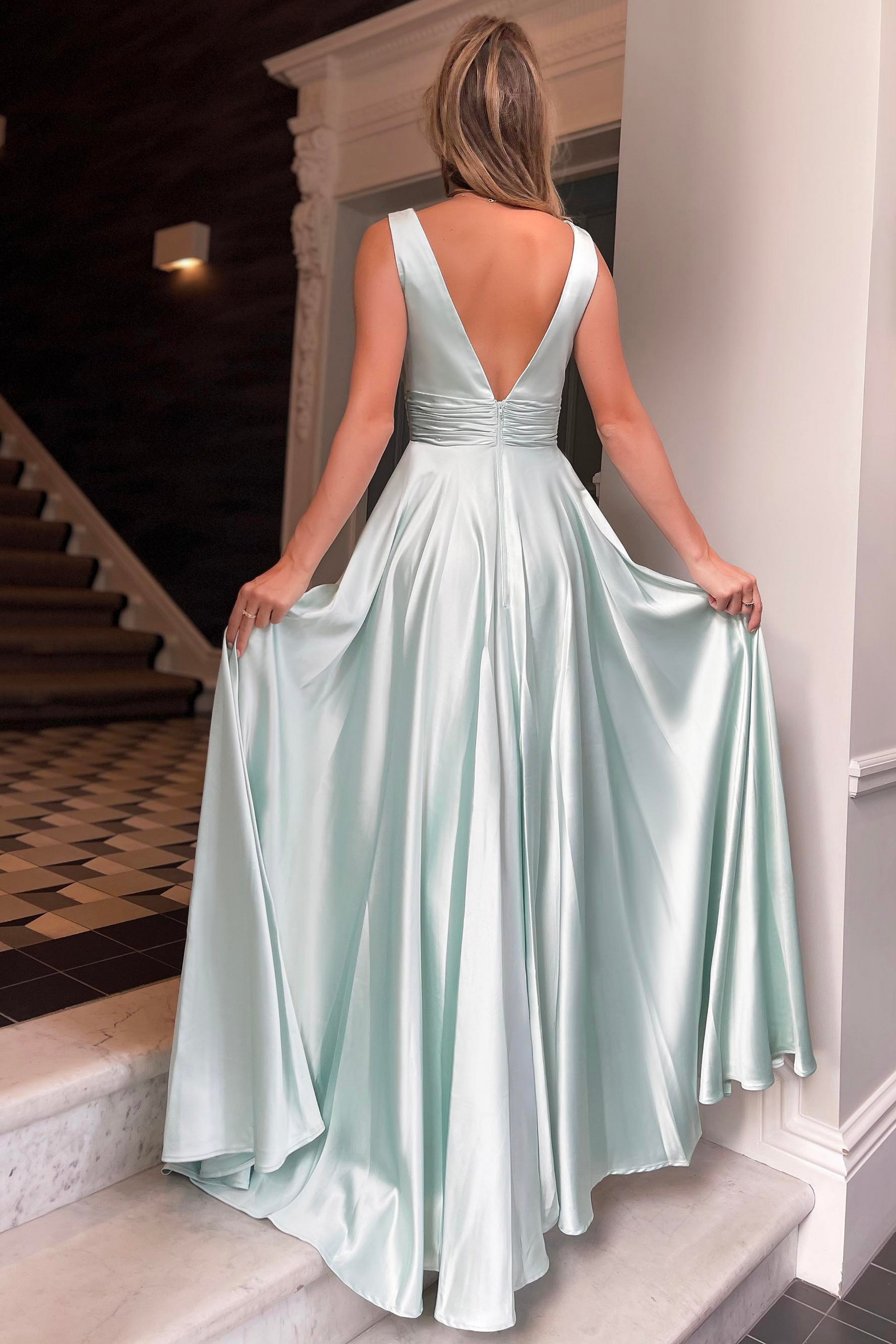 Nicoletta a-line formal dress in mint satin