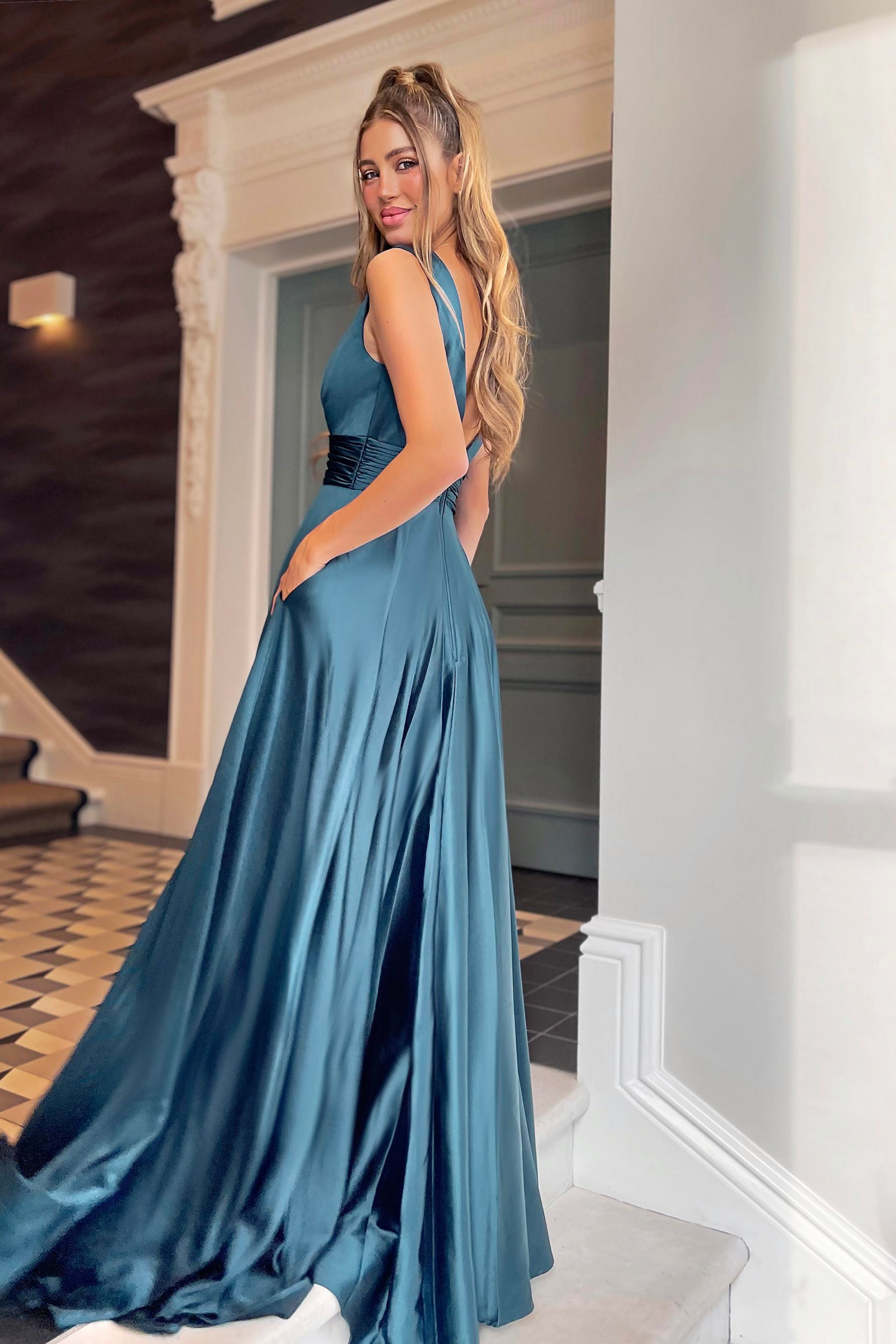 Nicoletta a-line formal dress in teal satin